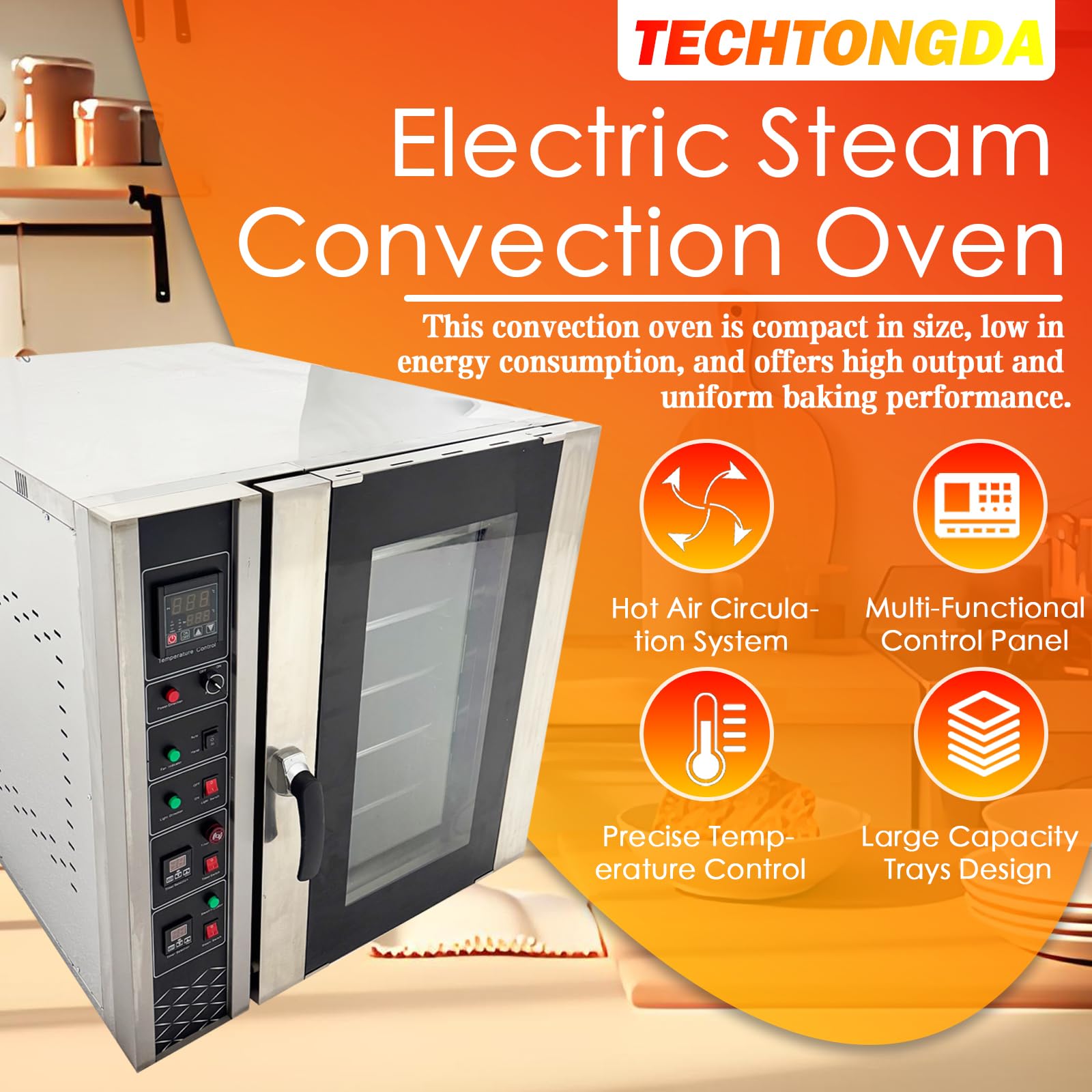 TECHTONGDA Electric Steam Convection Oven 20?-300? Stainless Steel Hot Air Circulation Oven 53 Gallon Commercial Convection Stove with 5 Trays for Croissants, Puff Pastry Three Phase 220V