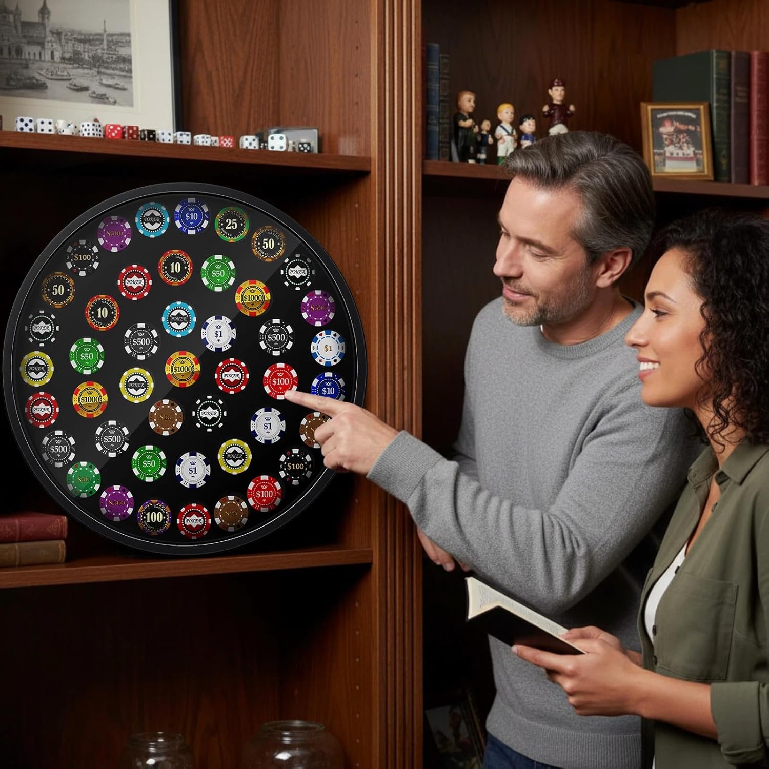 45 Round Poker Chip Display Case 15.7 Inch Golf Poker Chip Holder for 39/40mm Wall Mount or Tabletop Display Frame Gift for Men Collectors Souvenir Christmas