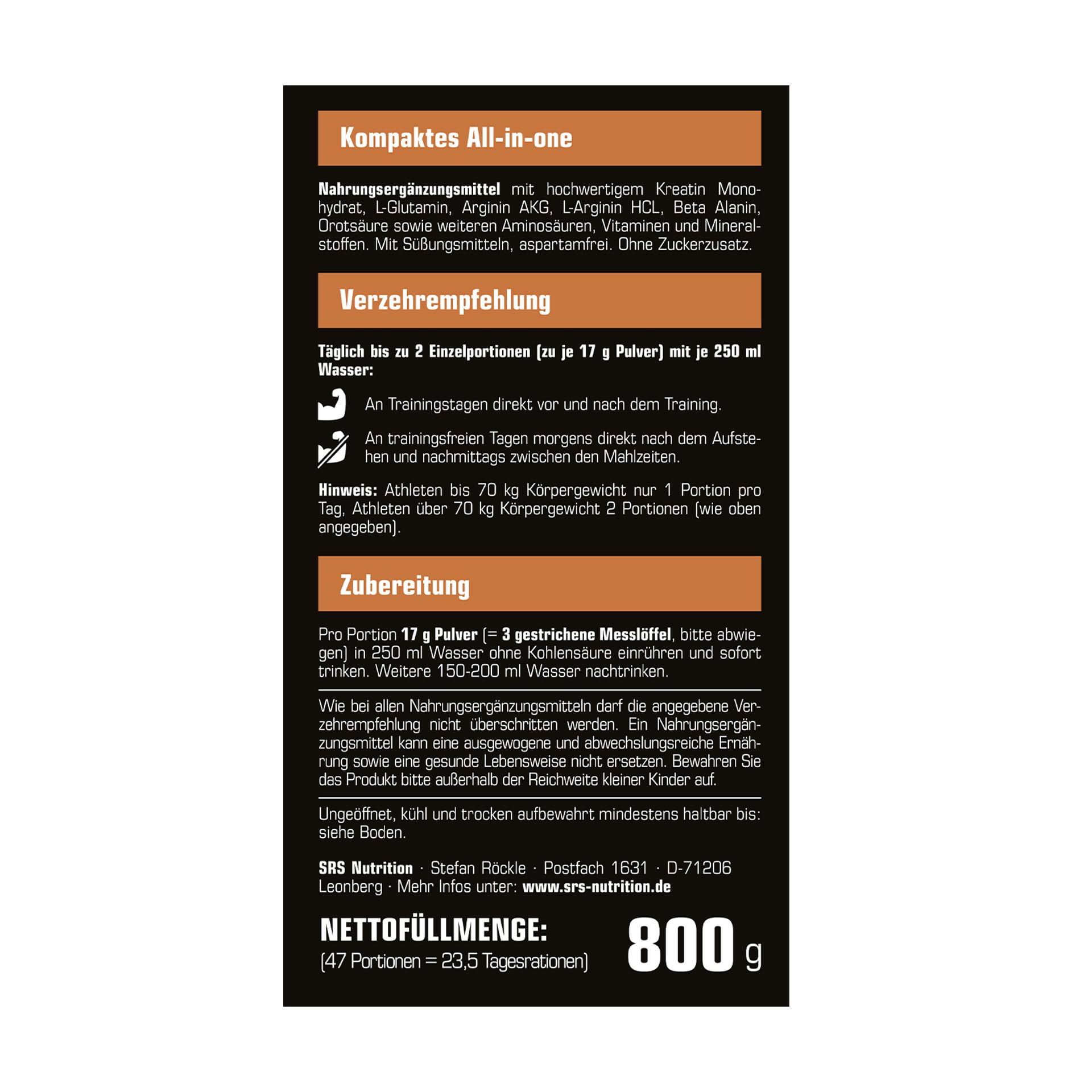 SRS Muscle - Cell Blast, 800 g, Orange | Lean Muscle All-in-one | ohne zugesetzte Kohlenhydrate | mit Creapure®, Glutamin, Arginin, AAKG, Beta Alanin u.a.m. | deutsche Premiumqualität