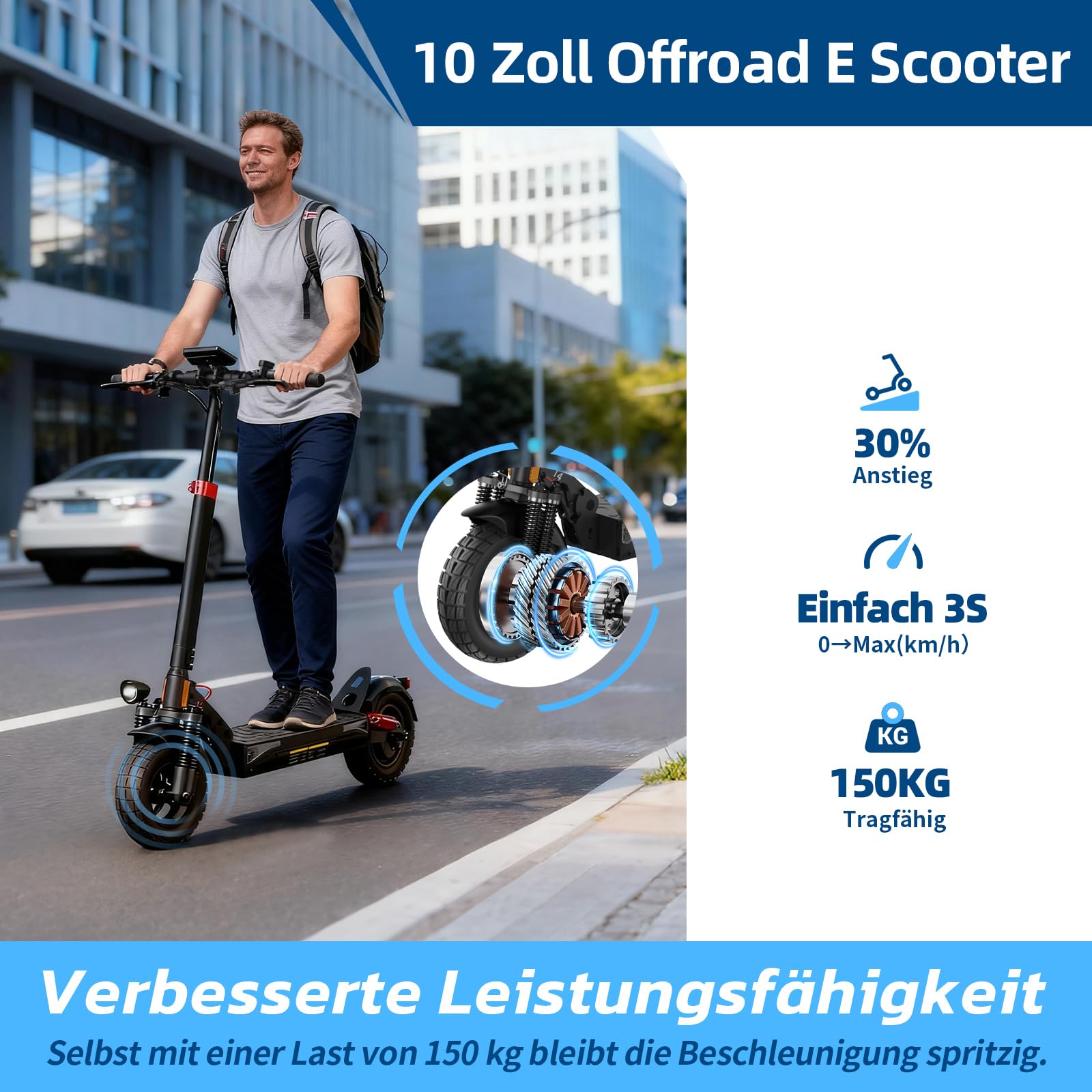 E Scooter mit Straßenzulassung mit Max 70/30KM Reichweite,10/8.5 Zoll Elektroroller mit Komfortable Stoßdämpfer,Faltbarer E Roller Belastung Doppelbremse LED-Licht,APP-Verbindung