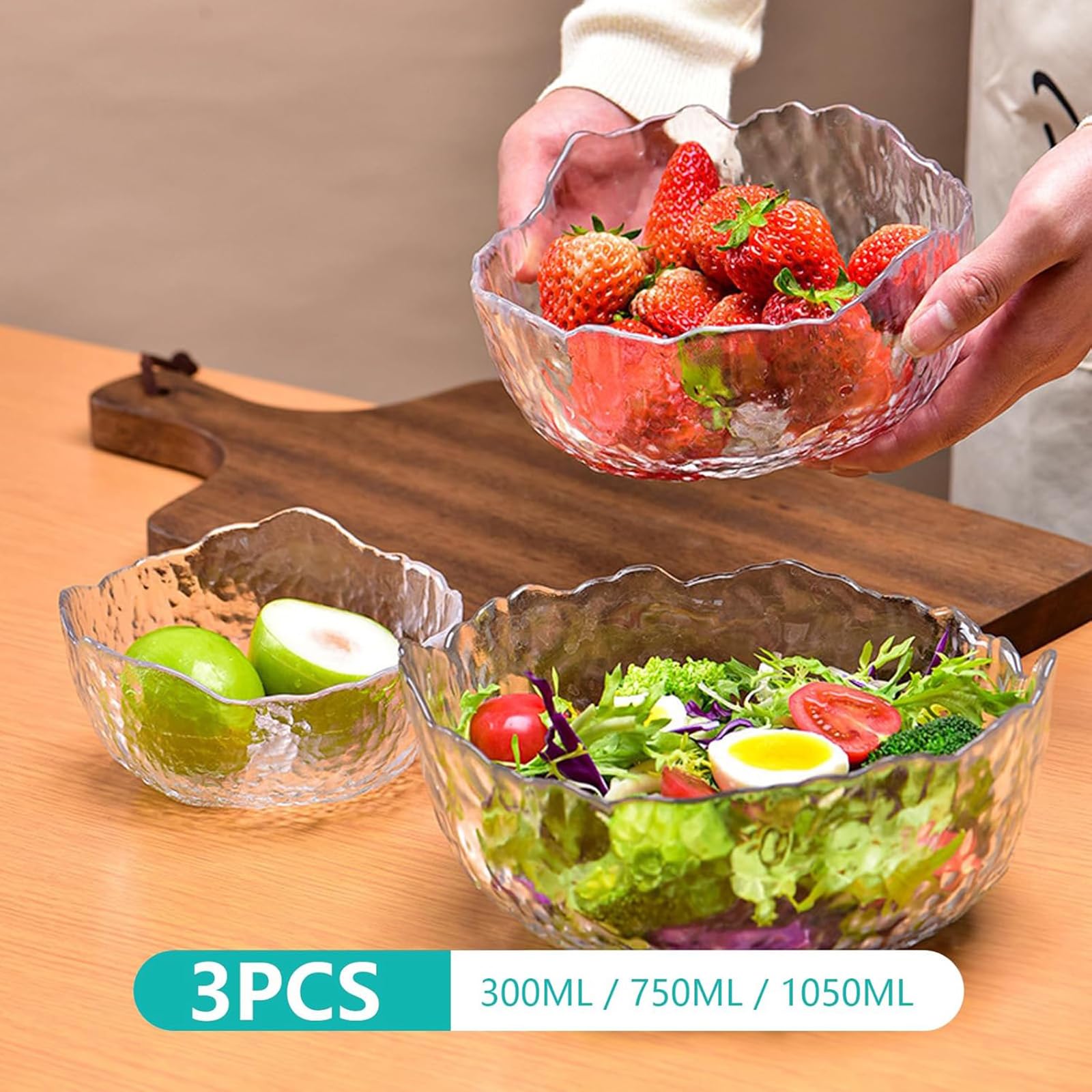 3 Stück Glasschalen Set, Kristallglas Obstschale Obst Salat Dessert Transparent Servierschalen Glas Dessertschalen Eisbecher Eisbecher Set Salatschalen Servierschale