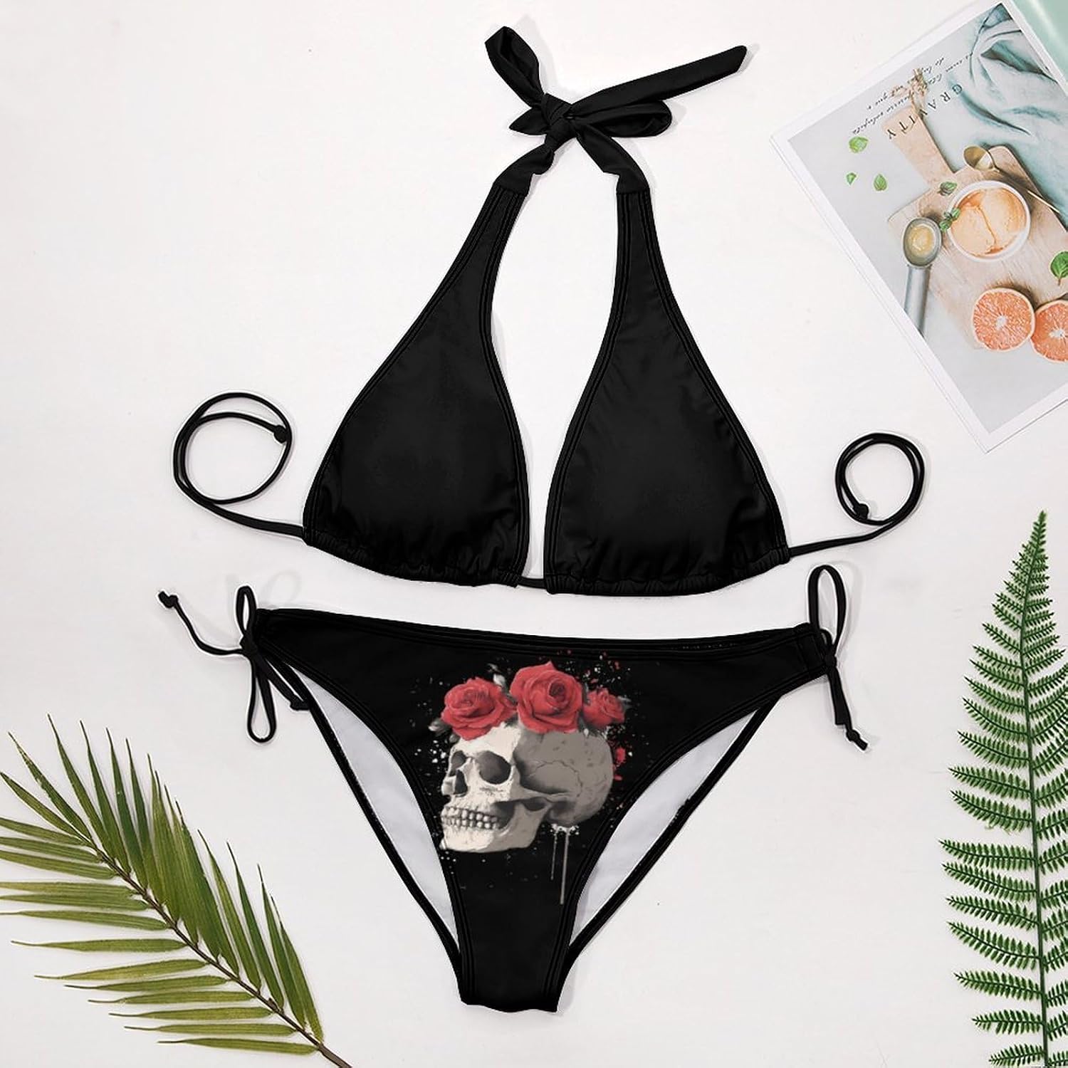 Skull and Roses Novelty Women's 2 Piece String Bikini Set Swimsuits Bathing Suit Swimwear