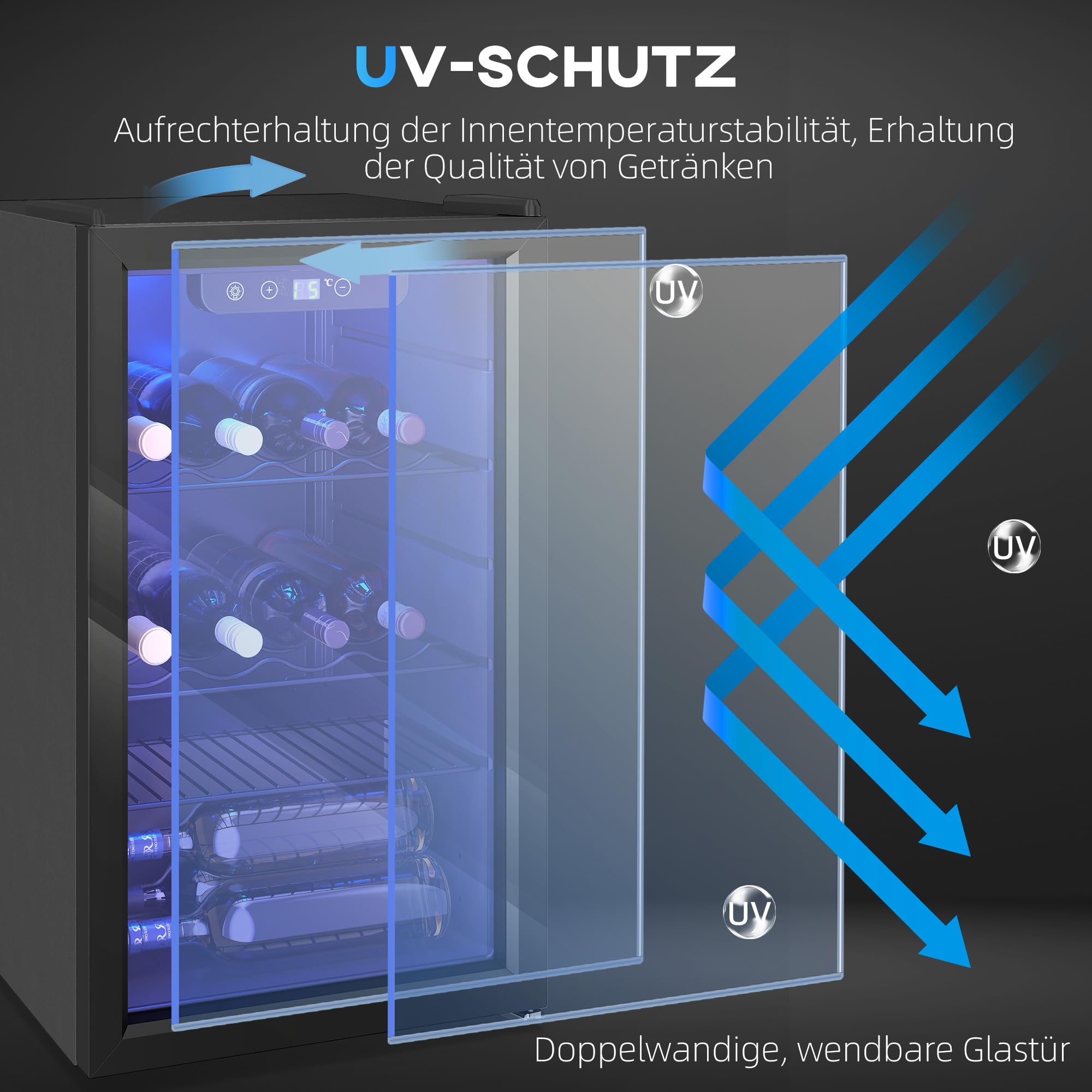 HOMCOM Weinkühlschrank 24 Flaschen 68 Liter 4-16°C UV Schutz Doppelglas-Tür LED-Beleuchtung Digitaler Touchscreen Schwarz