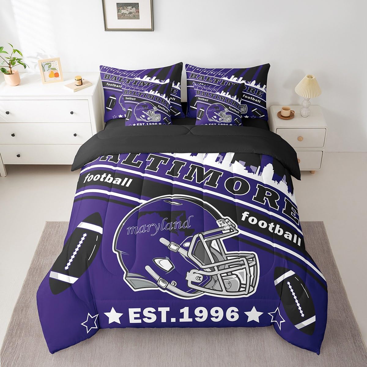 Feelyou Football 7 Pieces Comforter Sets Full Size Kids Baltimore Bedding Set for All Season Gifts for Football Fans Football City Bed in a Bag with Comforter, Sheets, Pillowcases & Cushion Cover