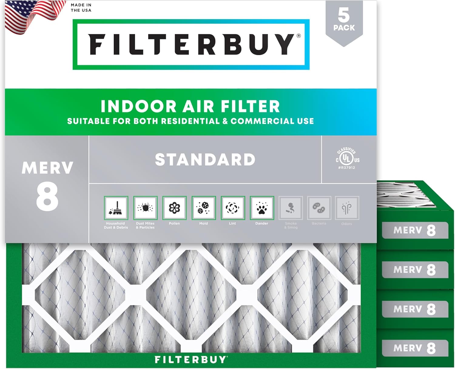 Filterbuy 10x10x2 Air Filter MERV 8 Essential Dust & Allergy Defense (5-Pack), Electrostatic Pleated HVAC AC Furnace Filters Replacement (Actual Size: 9.50 x 9.50 x 1.75)