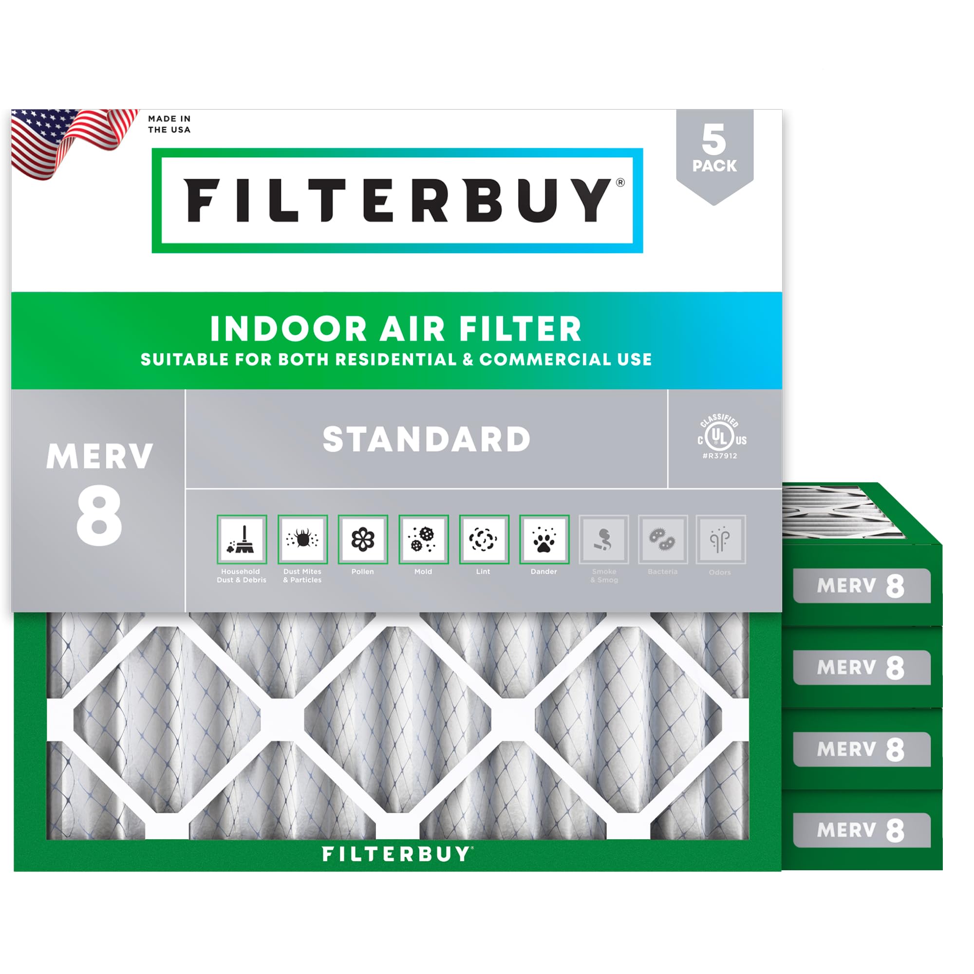 Filterbuy 20x20x2 Air Filter MERV 8 Dust Defense (5-Pack), Pleated HVAC AC Furnace Air Filters Replacement (Actual Size: 19.50 x 19.50 x 1.75 Inches)