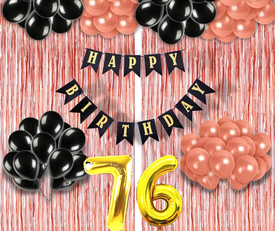 Image of 76th Birthday Decoration items for Girls with Black and Rose Gold Balloons, Black Happy Birthday Banner, Rose Gold Foil Curtain, Foil Balloon number 76