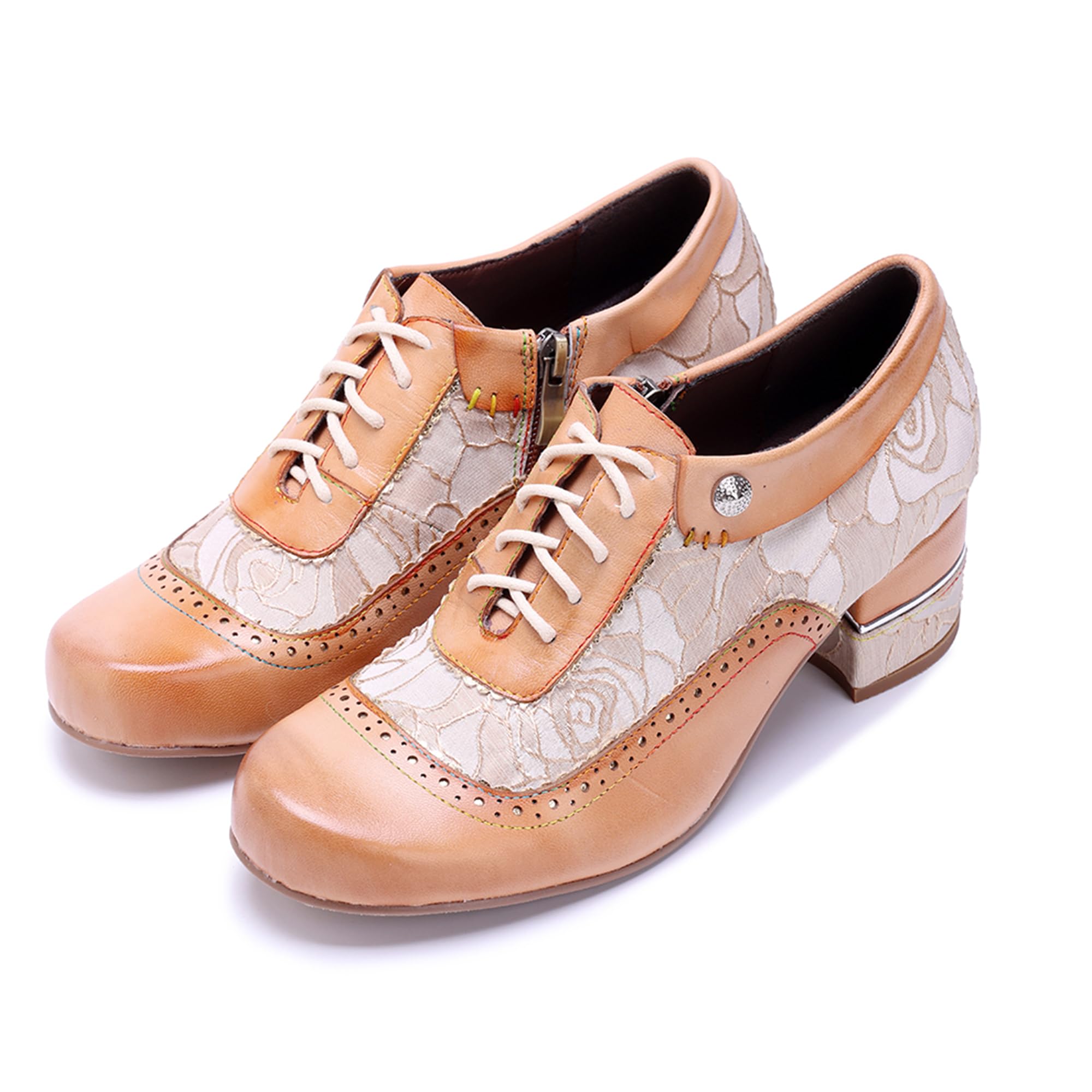 Women's Handmade Lambskin Oxford Loafers Shoes with Retro Ethnic Printed Style, Brock Design for Casual and Fashion Collegiate Style