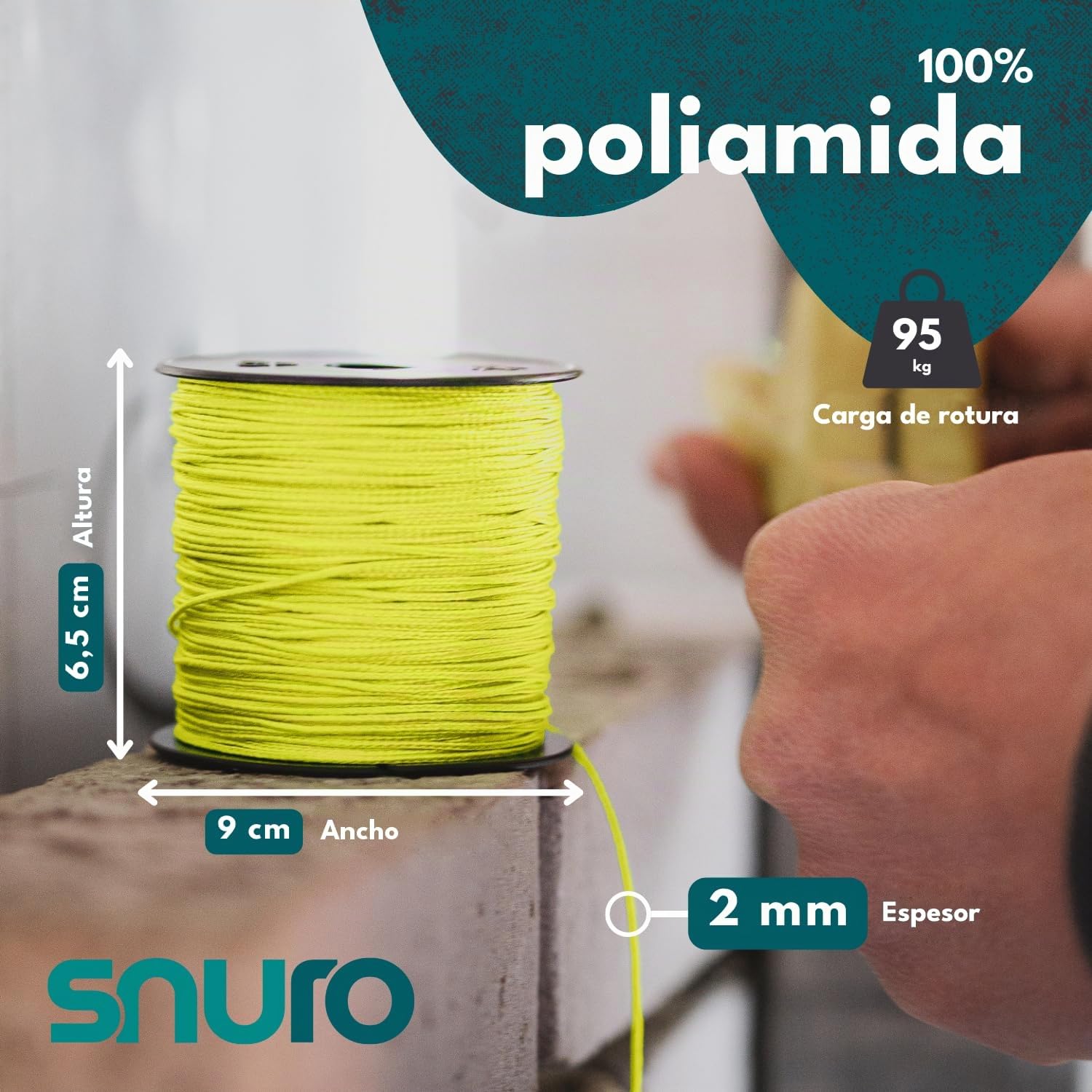 Cuerda de nailon (2 mm, 100 m, amarillo), paquete de 2 unidades, resistente a la intemperie, ideal para fijar