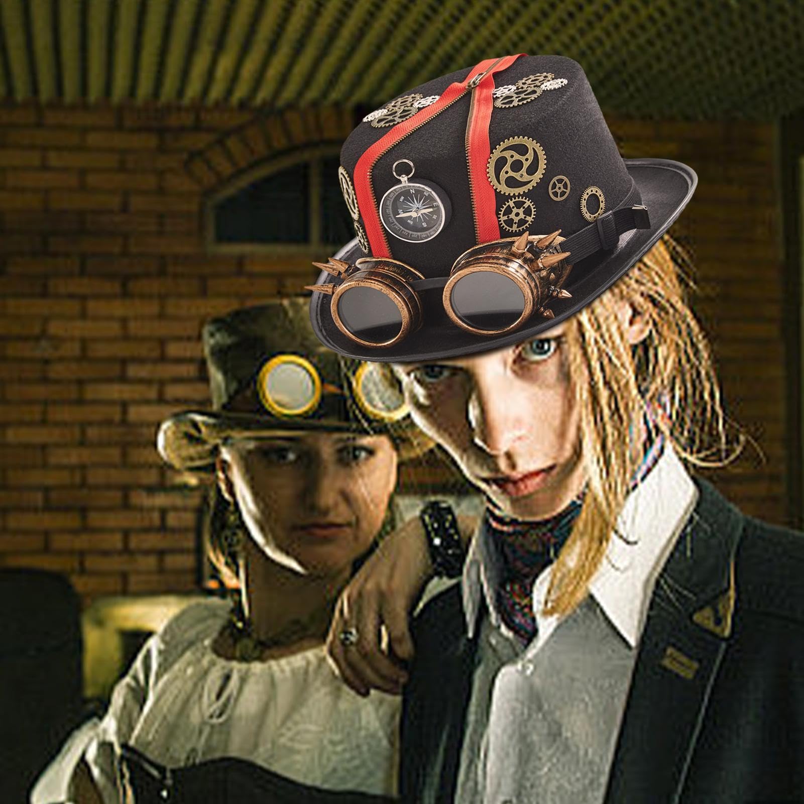 TrendandStylez Steampunk Zylinder - Schwarz Mit Brille & Federn, Für Karneval & Mottoparty