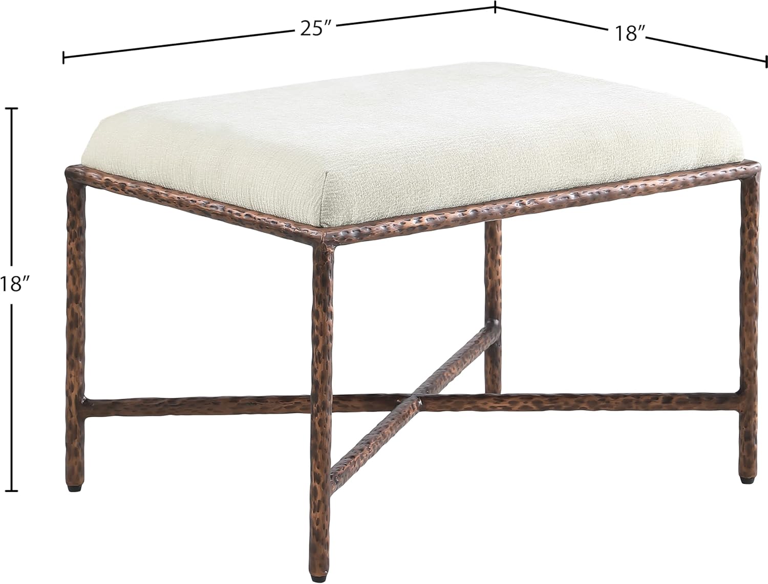 Meridian Furniture 22063Cream Valley Collection Modern | Contemporary Bench with Soft Cream Chenille Fabric, Brushed Bronze Forged Iron Metal Legs and Frame, 25" W x 18" D x 18" H, Cream
