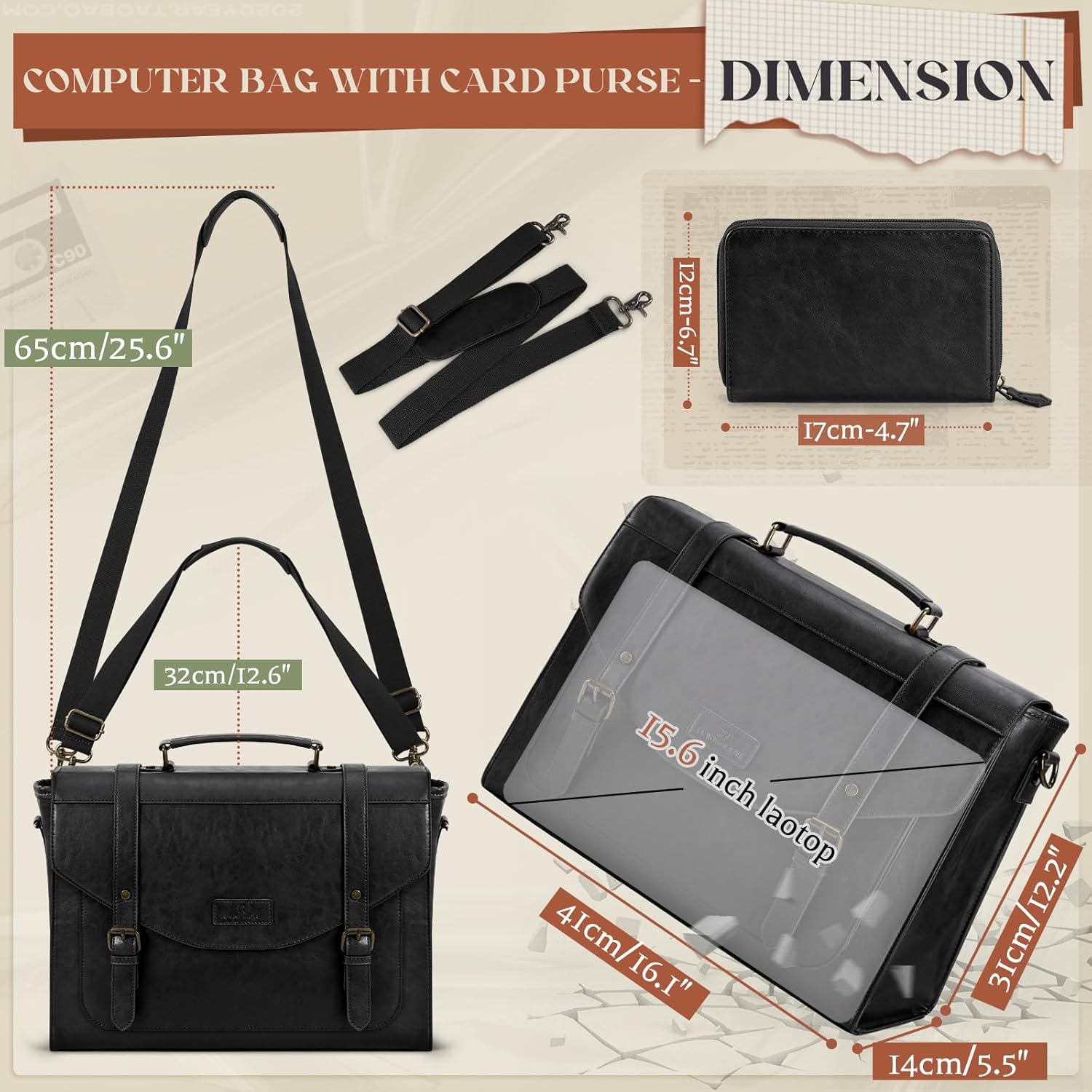 RAINSMORE Flap Messenger Bag for Men Vintage PU Leather Laptop Bag 15.6 Inch Retro Briefcase with Wallet Satchel Computer Bag - Image 6