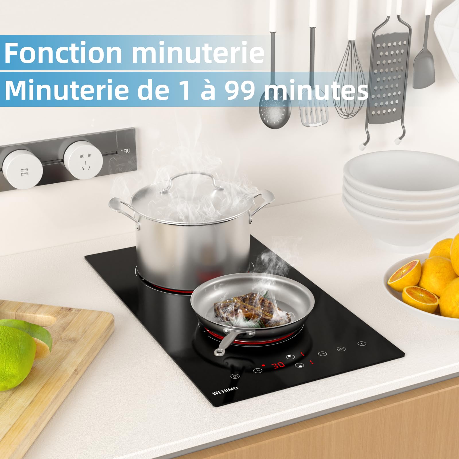 Plaque Vitrocéramique 2 Feux, WEHIMO Plaque de Cuisson Electrique 3000W, Commande Tactile, Minuteur, Compatible Tous Poêlons, 29cm