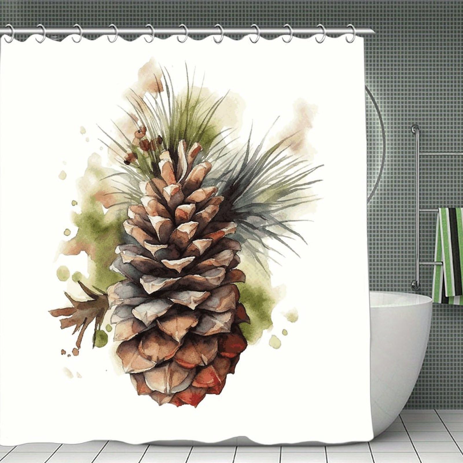 VstaDank Watercolor Pine Cone Shower Curtain Light-Weight Blackout Bathroom Curtain Washable Shower Liner 71x71 Inch Bath Curtain with Metal Holes Bathtub Bath Room