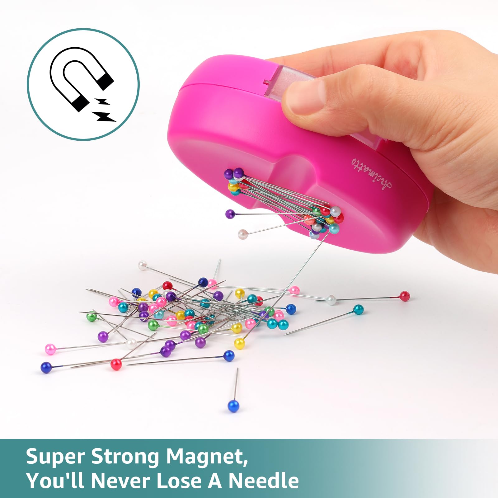 Arcimatto Soporte magnético para alfileres, imán fuerte con cajón, cojín de pin con 100 pines rectos de cabeza de bola para coser, cojines de aguja, organizador de clips de papel para acolchar
