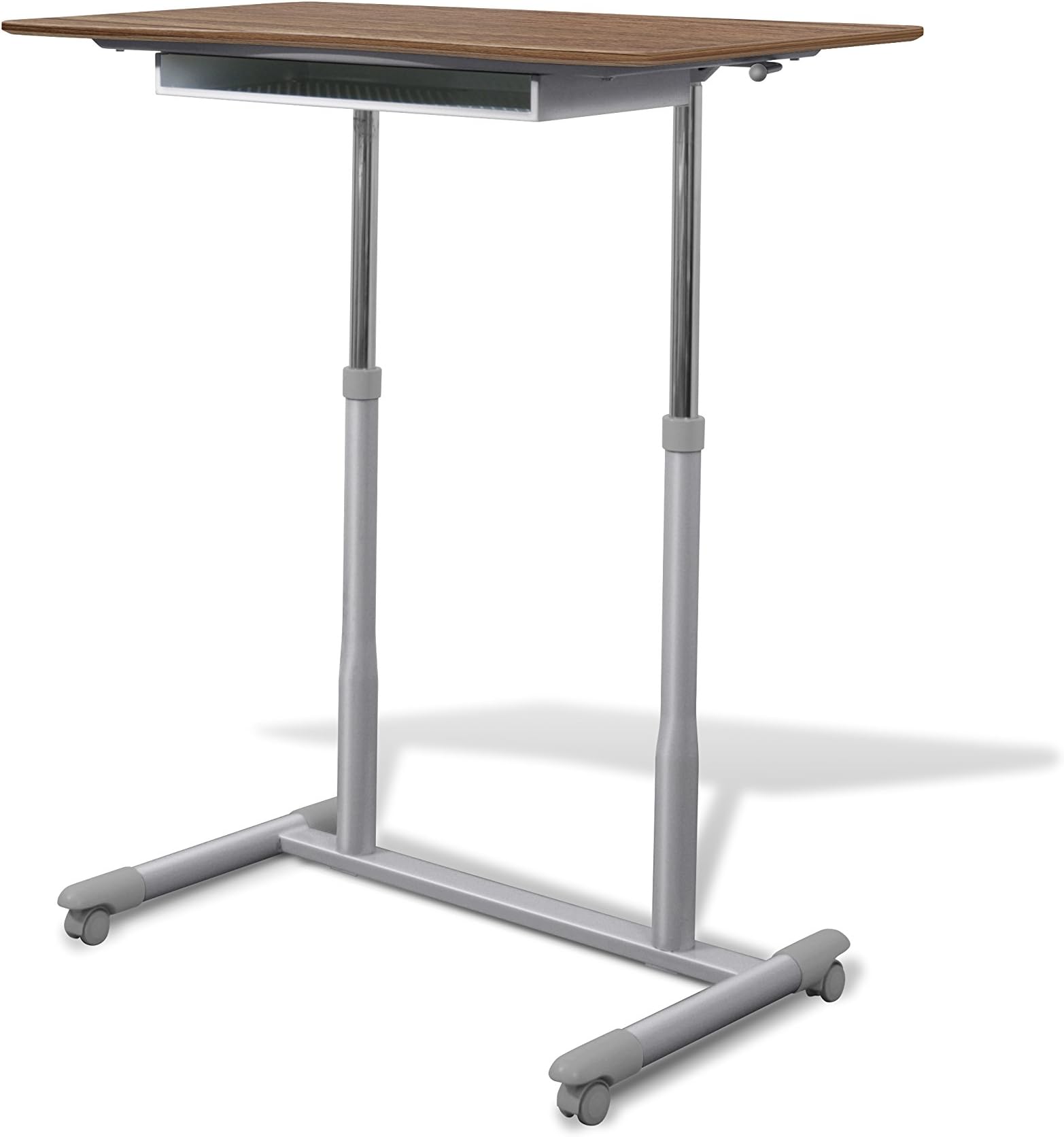 Contemporary Height Adjustable Sit Stand Desk with Pneumatic Mechanism, Ergonomic Curved Desktop, Locking Castors for Easy Mobility, Wire Storage Tray for Office, 37.5 x 20.5 in. Top, Walnut