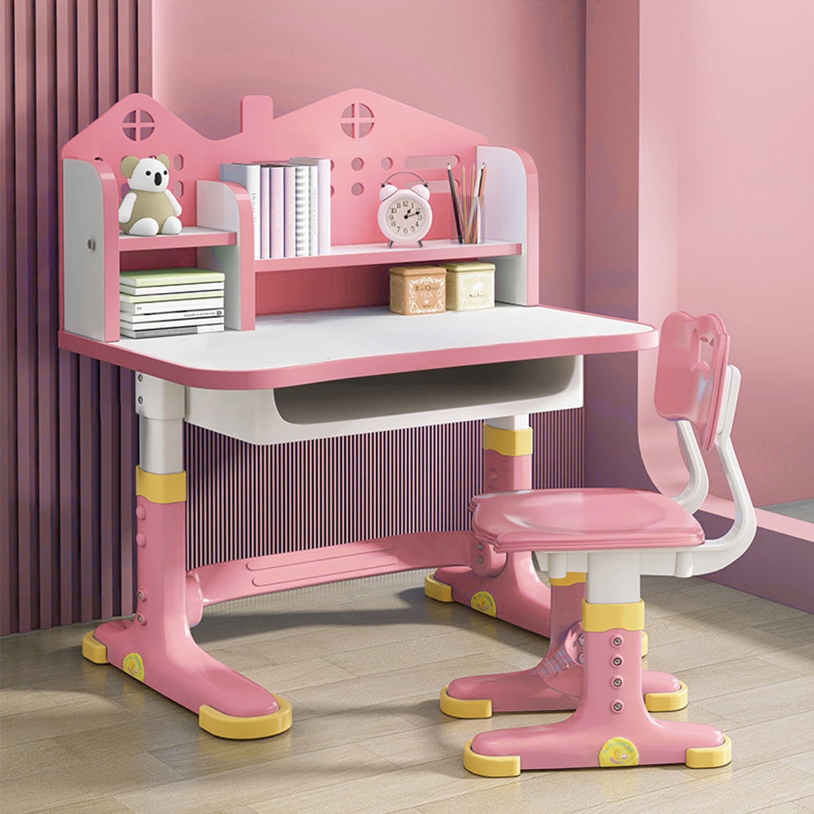 Set tavolo e sedia da studio per bambini, scrivania regolabile in altezza per scuola con piano ampio, scrivania per l'apprendimento con schienale a castello, leggio con supporto per libri e