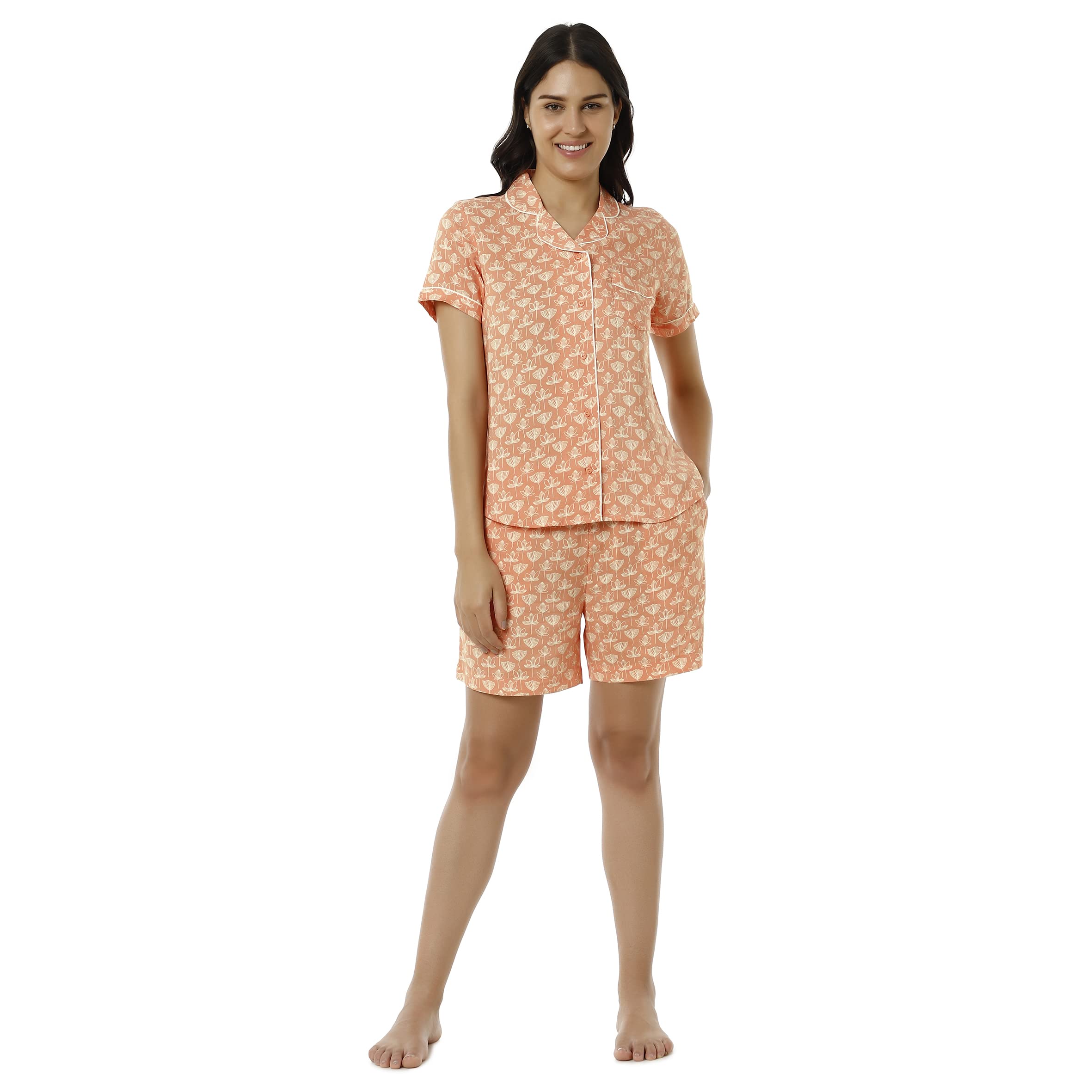 amante Printed Short Sleeve Notch Collar Shirt with Mid Rise Short Sleep Set-picture-17