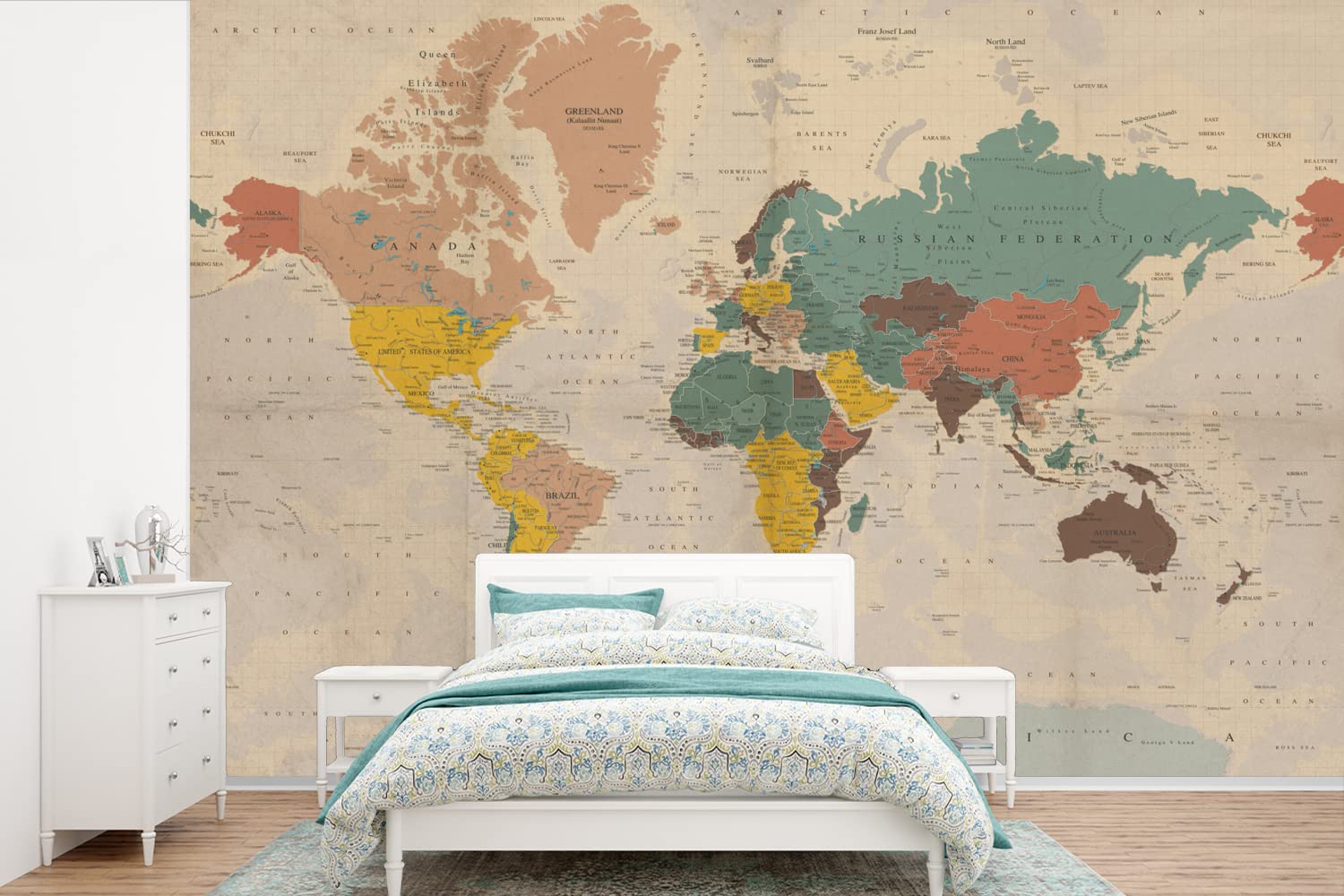 Selbstklebend Tapete Wandpapier Wandaufkleber Fototapete Tapeten Wanddeko 330x220 cm Weltkarte - Vintage - Atlas - Kind - Kind - Mädchen