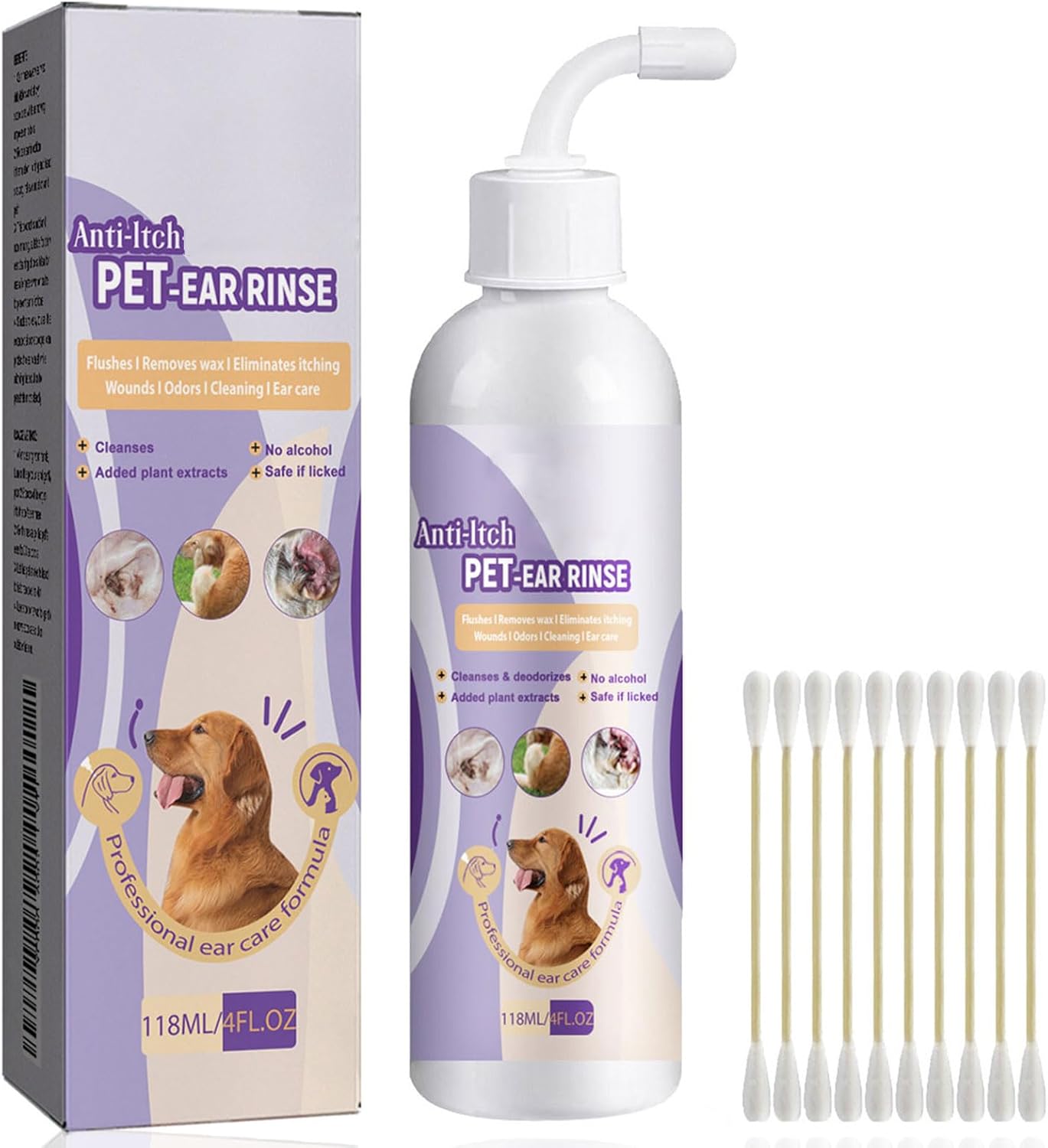 Ear Cleaner with Cotton Swab for Dogs, Ear Rinse, Dog Ear Infection Treatment, Help Soothe Itchiness, Reduces Head Shaking, Clean Ear Canal from Debris and Buildup (118ml (1pcs))