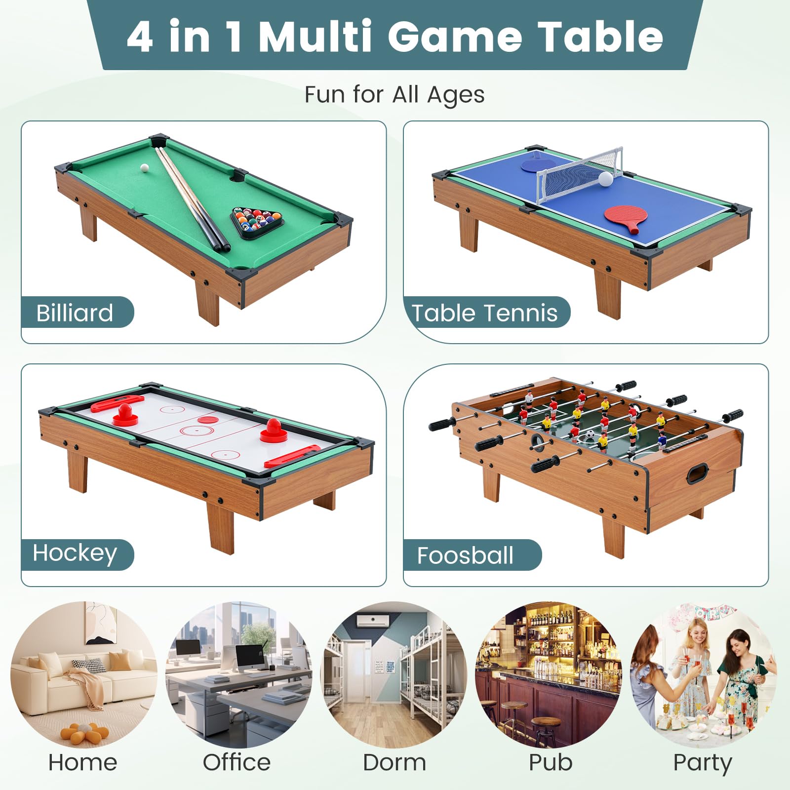 FANTASK Tavolo da gioco 4 in 1 Multifunzione con Manico Antiscivolo, Calcio da Tavolo & Biliardo & Air Hockey & Ping-pong, Calcio Balilla in Legno per Sala Giochi, Bars, Calcio da Tavolo per Bambini