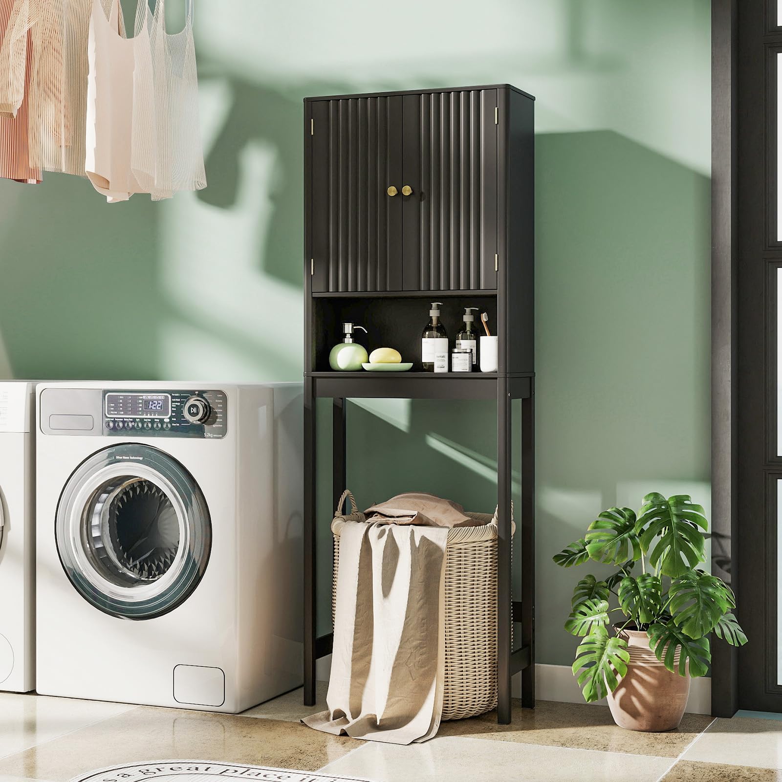 COSTWAY Mueble sobre Inodoro, Mueble de Baño con Puertas Acanaladas, Estante Ajustable en 3 Posiciones y Barra Inferior Ajustable en 3 Niveles,Armario Alto sobre el Inodoro con Almacenamiento (Negro)