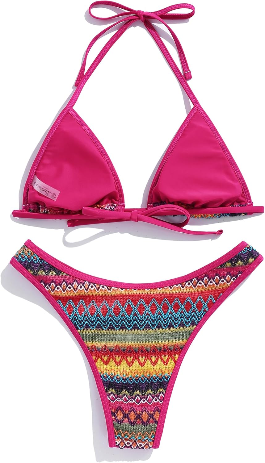 seamoly Women's Bikini Sets Halter Neck Crochet Colorblock Two Piece Swimsuits Open Back Sexy High Cut Thong Bathing Suit - Image 2