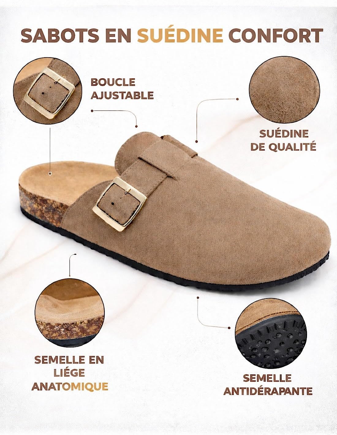 Sabots Femme Confort Anatomique en Suédine – Mules Semelle Liège Antidérapante, Chaussures Légères Intérieur Extérieur