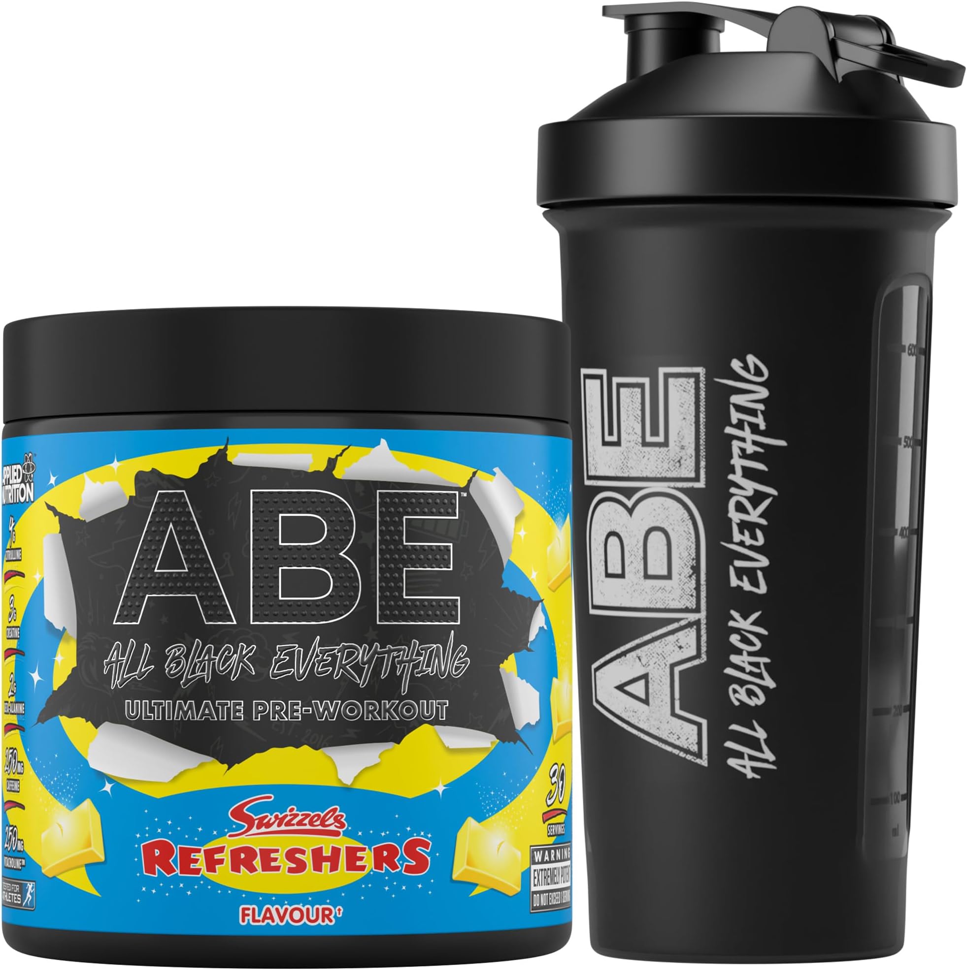 Applied NutritionBundle ABE Pre Workout 375g + ABE Black Shaker | All Black Everything Pre Workout Powder, Energy Drink, Physical Performance, Creatine, Beta Alanine, Caffeine (Refreshers Lemon)