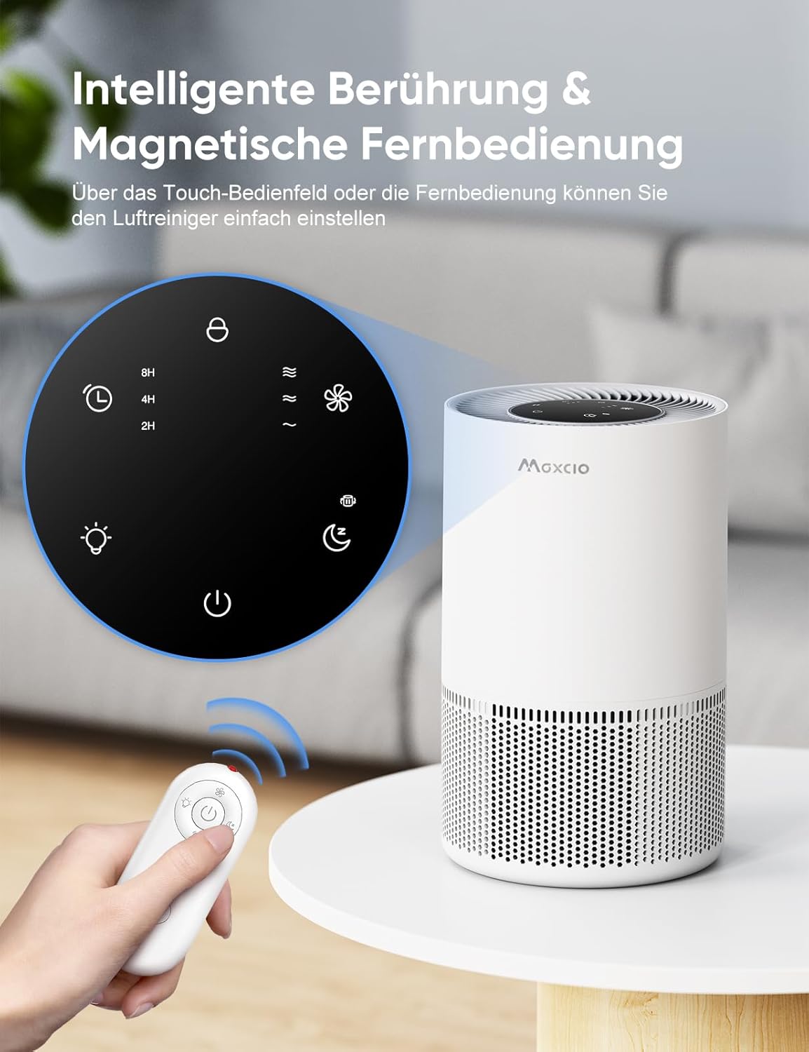 Maxcio Air Purifier with its touch control panel and remote control