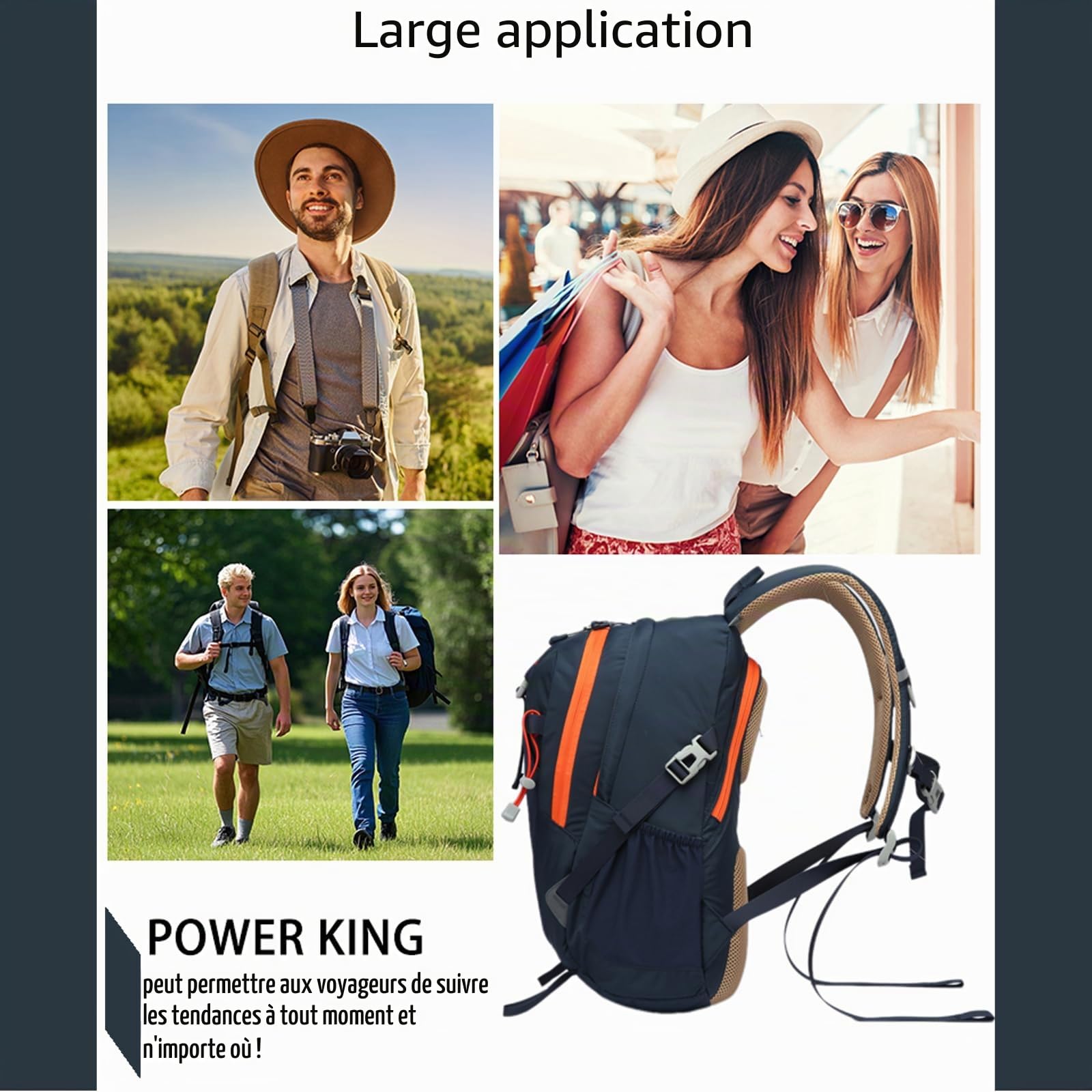 POWER KING Sac à dos de randonnée 20 L pliable pour homme et femme, petit sac à dos léger et pliable pour étudiants, convient pour ordinateur portable de 15,6"