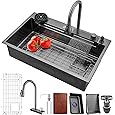 Rengue Waterfall Kitchen Sink, Drop In Single Bowl, Gray 304 Stainless Steel Workstation with Pull-Out Faucet and Multiple Accessories, 31.4917.778.66 Inch, RG-KSK01
