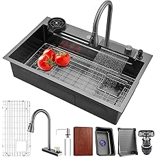 Rengue Waterfall Kitchen Sink, Drop In Single Bowl, Gray 304 Stainless Steel Workstation with Pull-Out Faucet and Multiple Accessories, 31.4917.778.66 Inch, RG-KSK01