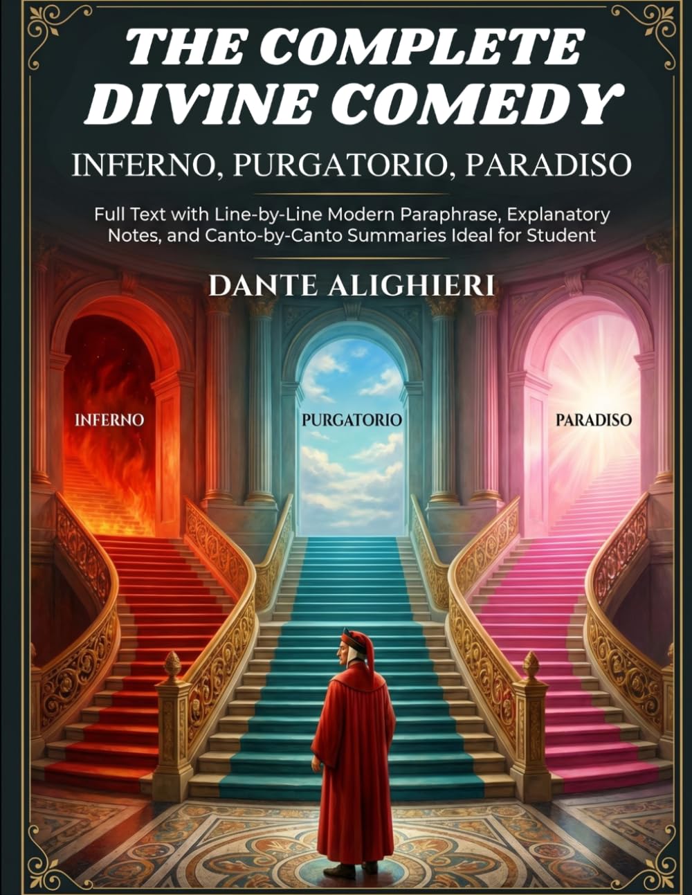 The Complete Divine Comedy - Inferno, Purgatorio, Paradiso: Full Text with Line-by-Line Modern Paraphrase, Explanatory Notes, and Canto-by-Canto Summaries Ideal for Student