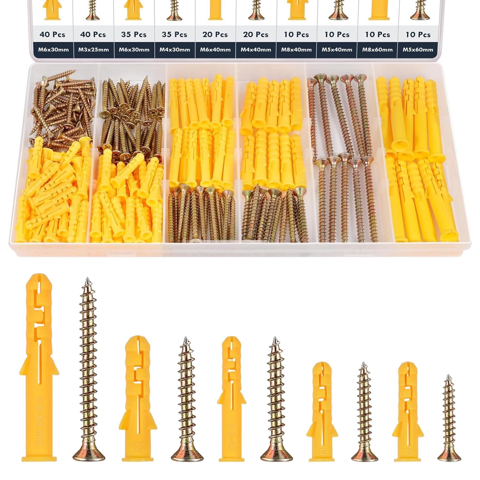 230PCS Screws and Wall Plugs Set, M3/M4/M5/M6/M8 Wall Plugs and Screws(115 x Masonry Screw-s and 115 x Expansion Anchor Bolts),for Brick, Concrete, Masonry, Drywall