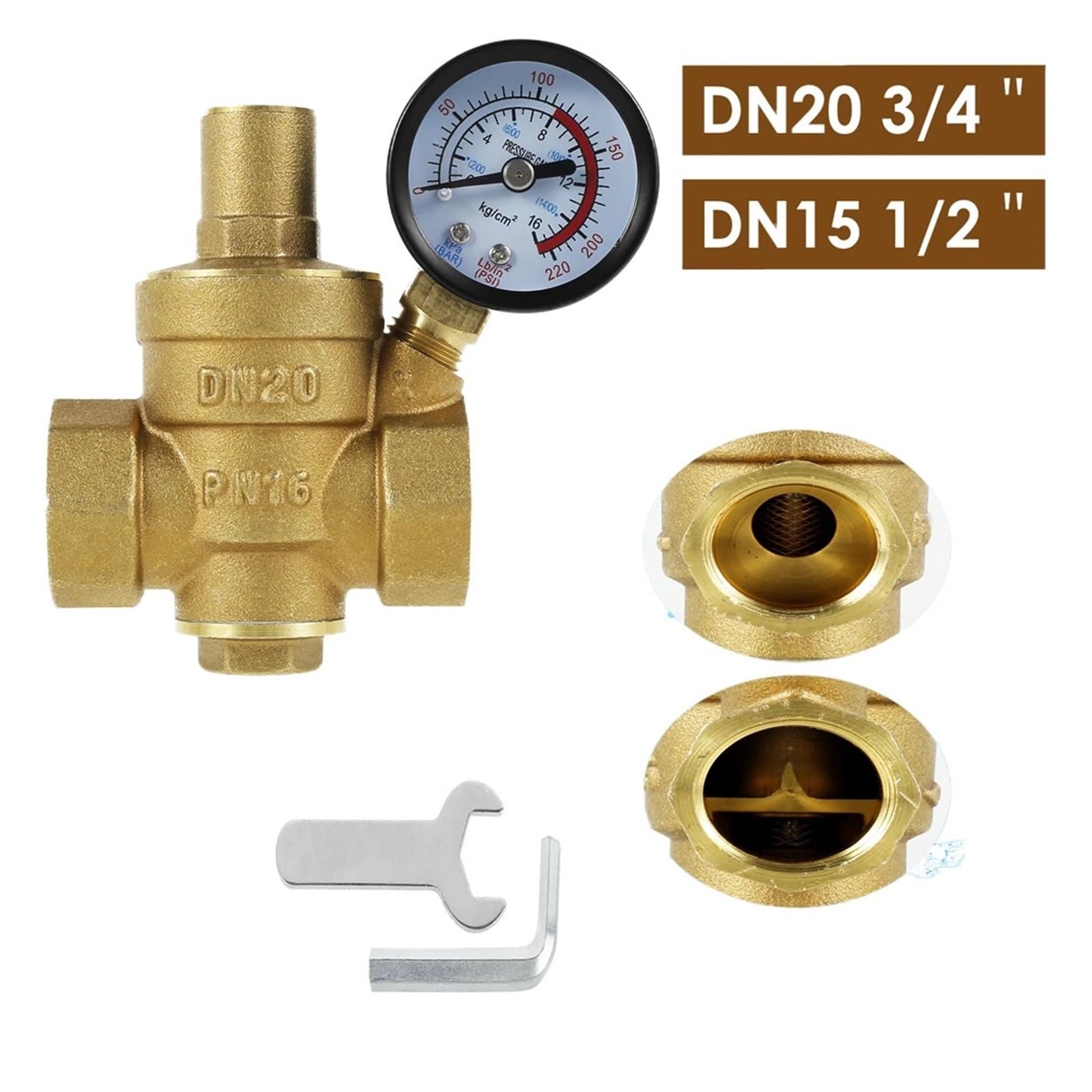 regulador de presion agua Válvula Reguladora de presión de agua de latón DN20 de 3/4 pulgadas, reductor de presión de agua, regulador DN15, medidor de válvula de alivio ajustable(DN15)