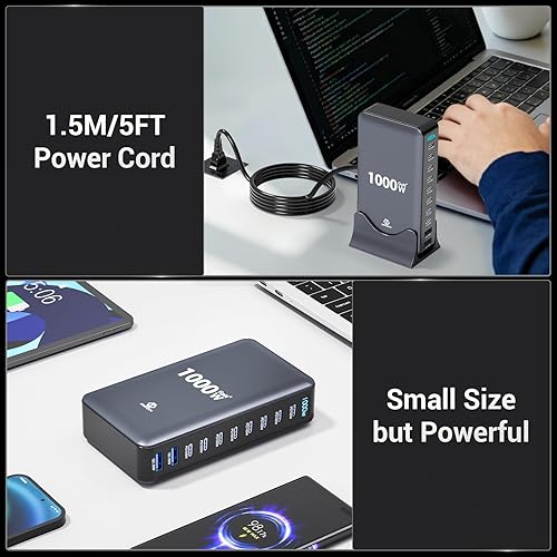 Miniatura 8 de Estación de carga USB C de 1000 W para múltiples dispositivos, adaptador de carga USB de 10 puertos PD 140 W GaN Cargador USB rápido para MacBook,