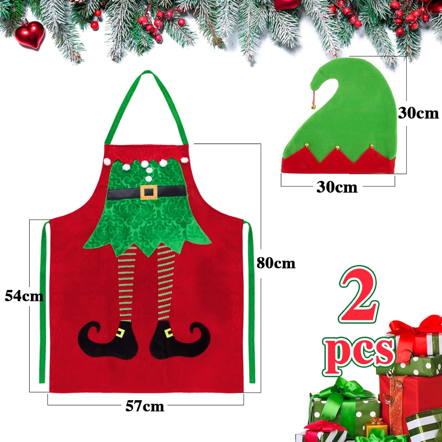 MONCAP 3 Stuks Kerstschort Elf Keukenschort Voor Dames Heren Met Haarband En 1 Paar Elfenoren - BBQ Huis Keuken Cadeau, Meerkleurig