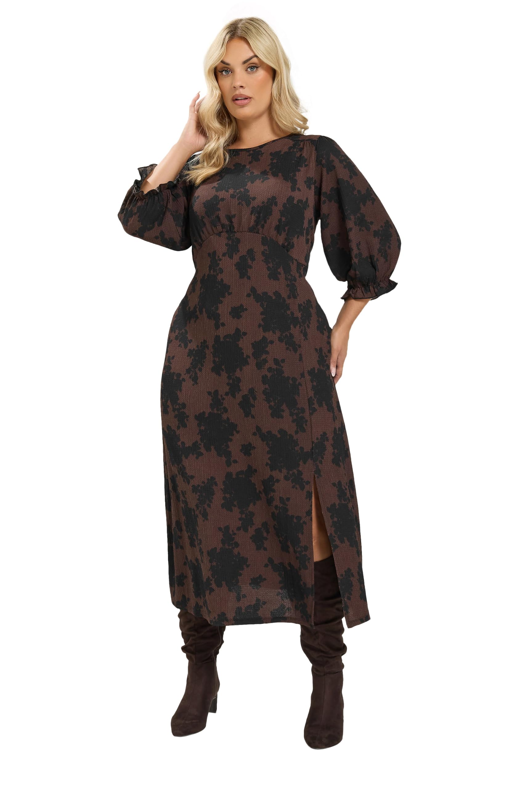 Yours Curve Brown Floral Textured Midi Dress - Women's - Plus Size Curve