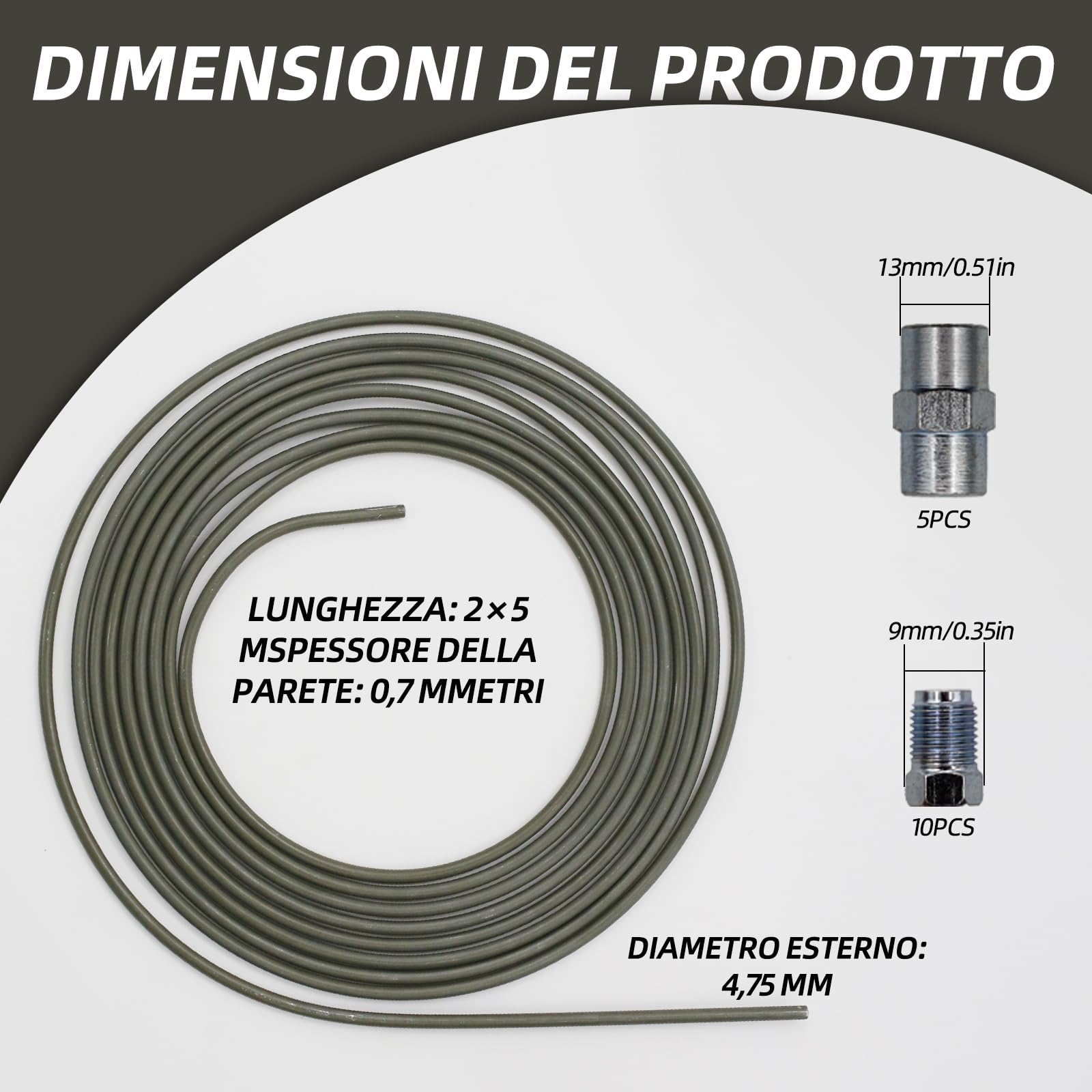 2 tubi del freno da 5 m, Ø 4,75 mm, set con 10 raccordi e 5 connettori M10 x 1, DIN 74234, bordatura F, adatto per auto, moto