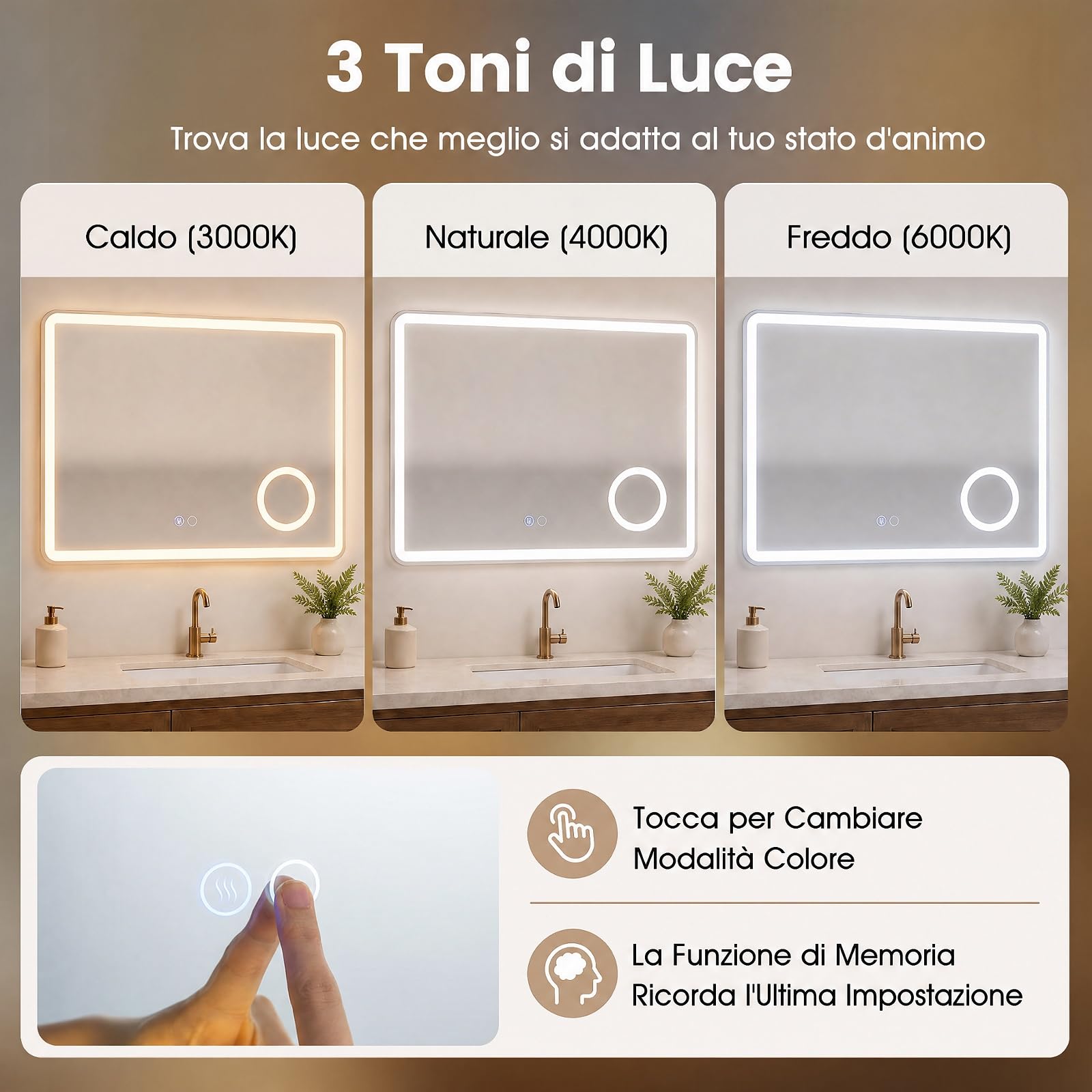 COSTWAY Specchio Bagno da Parete con Luce LED e Lente d'Ingrandimento 3X