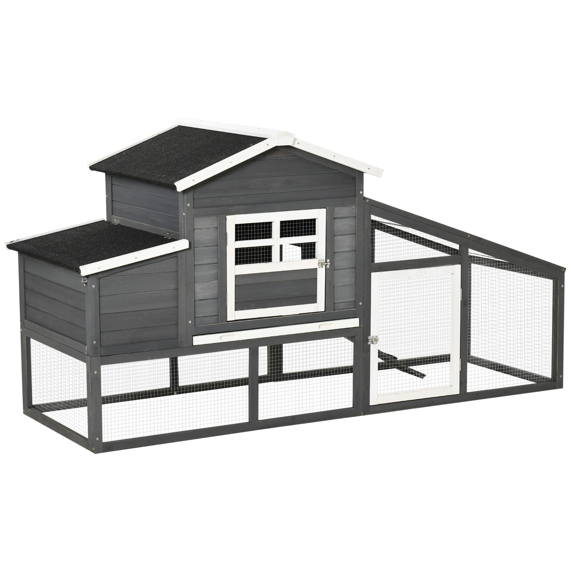 PawHut Gallinero de Madera Exterior Jaula para 2-4 Gallinas con Corral de Alambre Techos Asfálticos Nido Bandeja Extraíble y Rampa 200x80x105 cm Gris