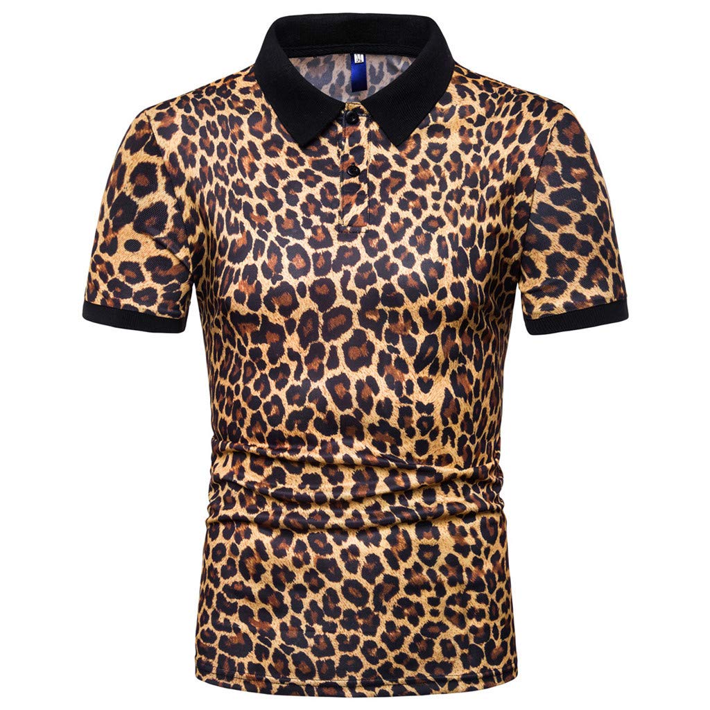 Mens Leopard Print Fashion Short Sleeve Large Size Casual Polo Shirt Tops