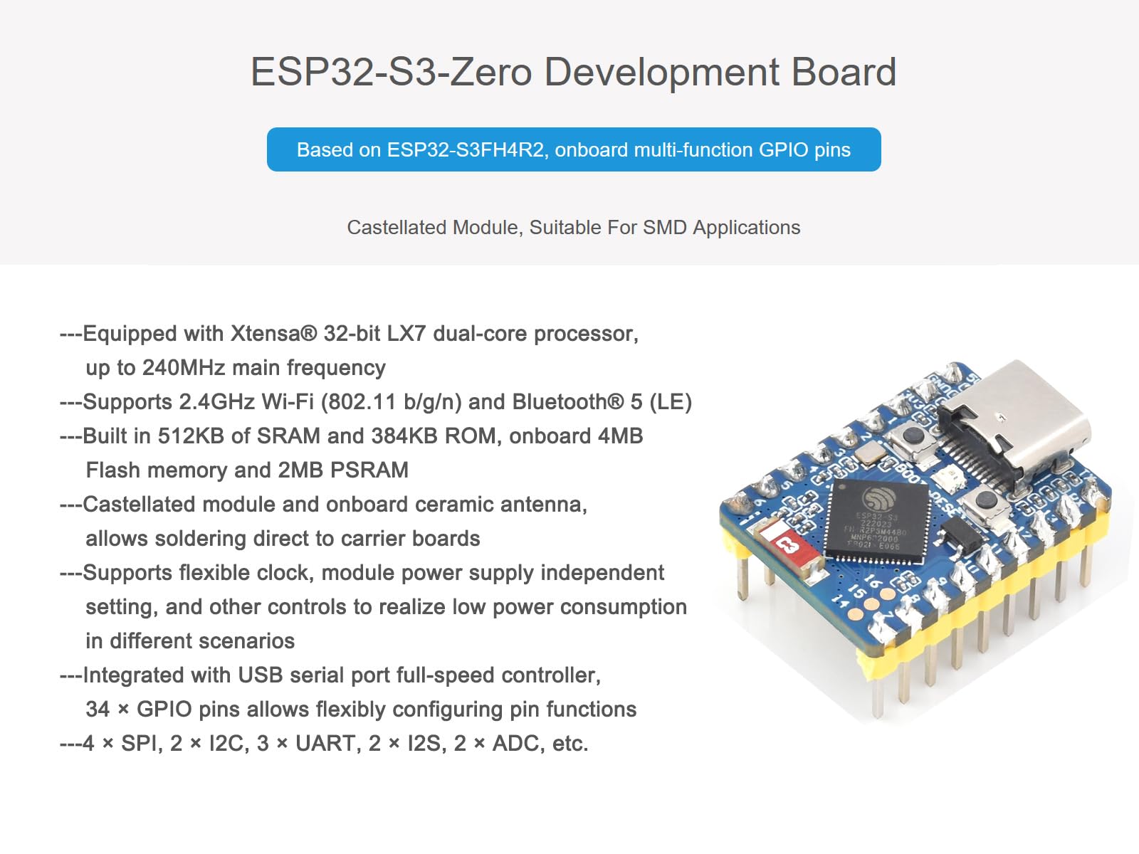 ESP32-S3 Mini Development Board with Pre-soldered Header, Based on ESP32-S3FH4R2 Dual-Core Processor, 240MHz Running Frequency, Support 2.4GHz Wi-Fi (802.11 b/g/n) & Bluetooth 5