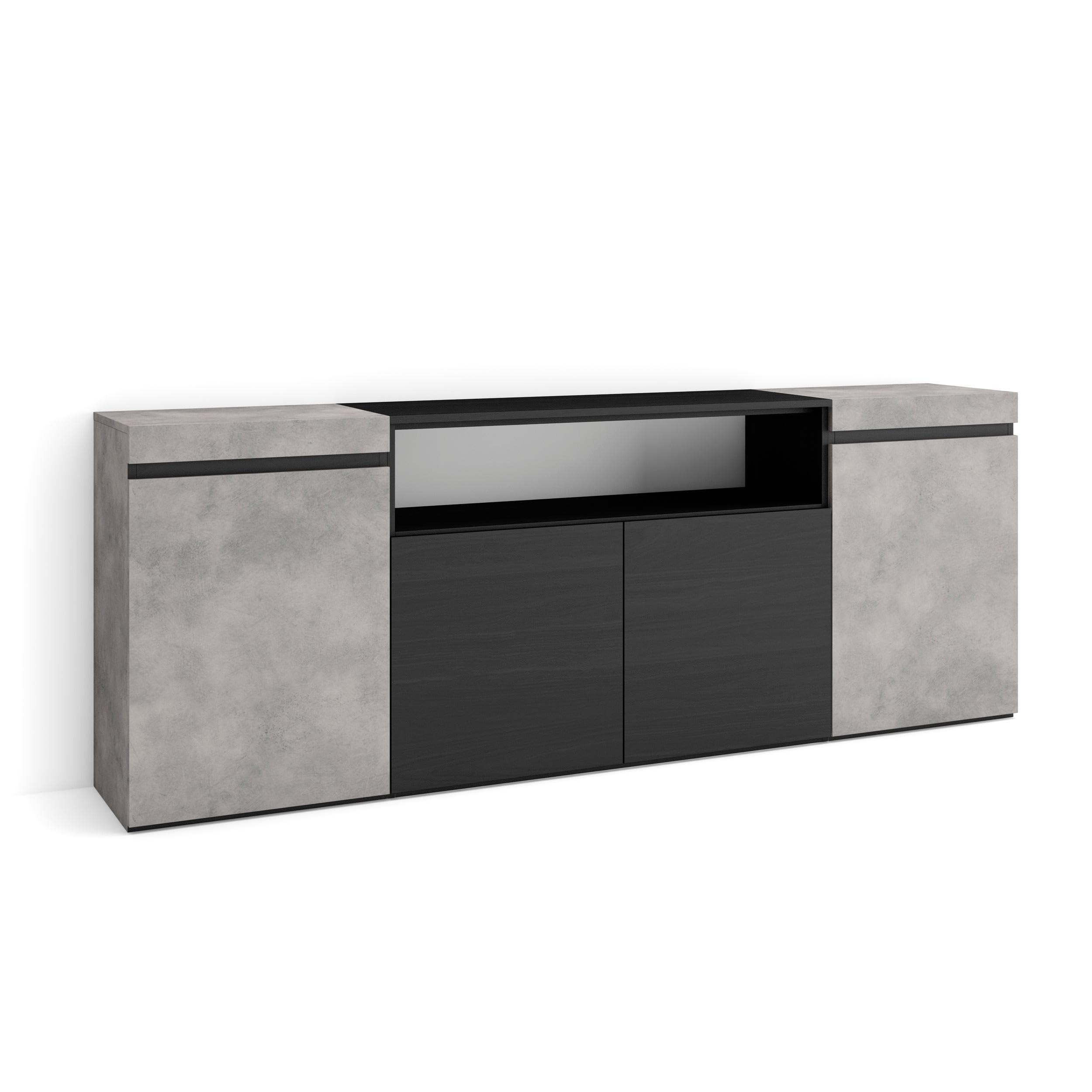 Skraut Home | Credenza, Mobile, Cucina | Madia, mobile ingresso | 200x75x35cm | 4 Porte | grande stoccaggio | Stile moderno | Cemento