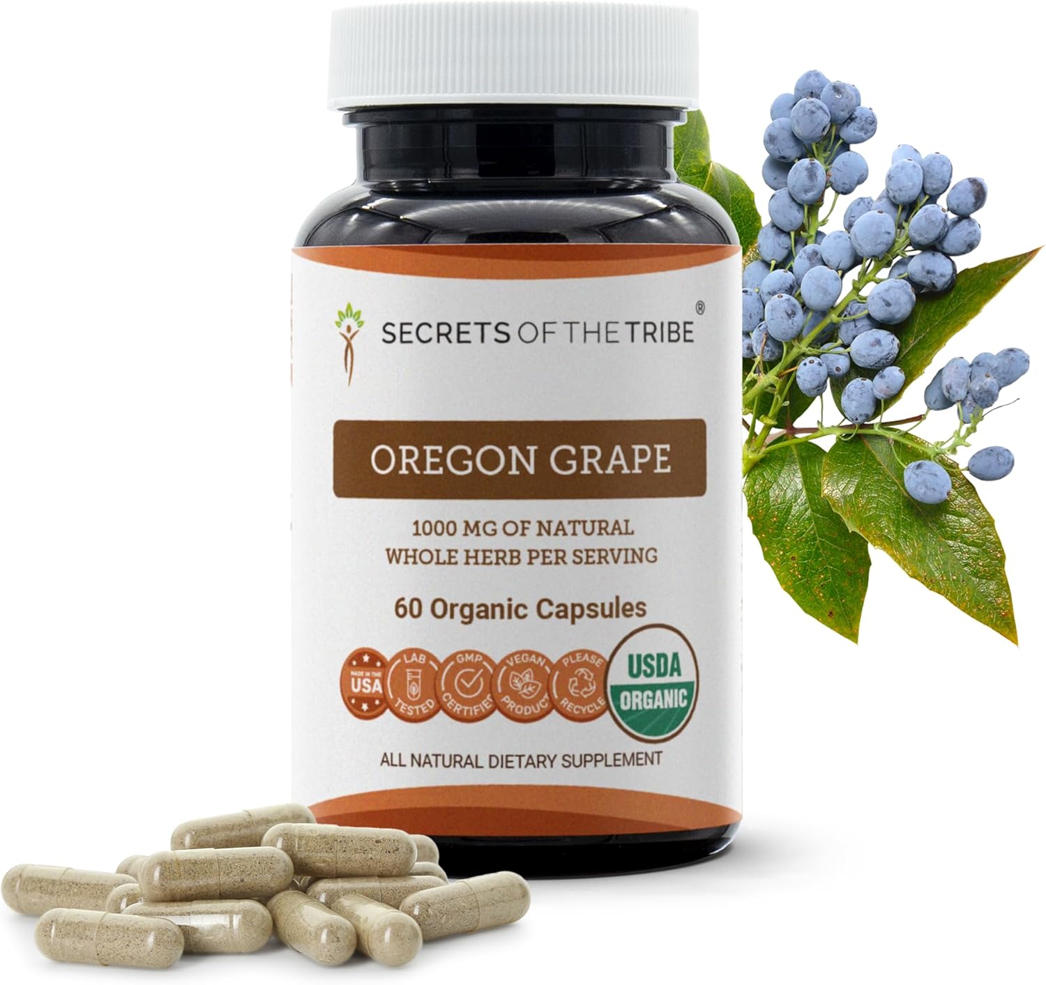 Secrets of the Tribe Oregon Grape USDA Organic Capsules | Certified Organic Vegetarian Capsules, Herbal Dietary Supplement | Mahonia aquifolium Dried Root (120 Count)