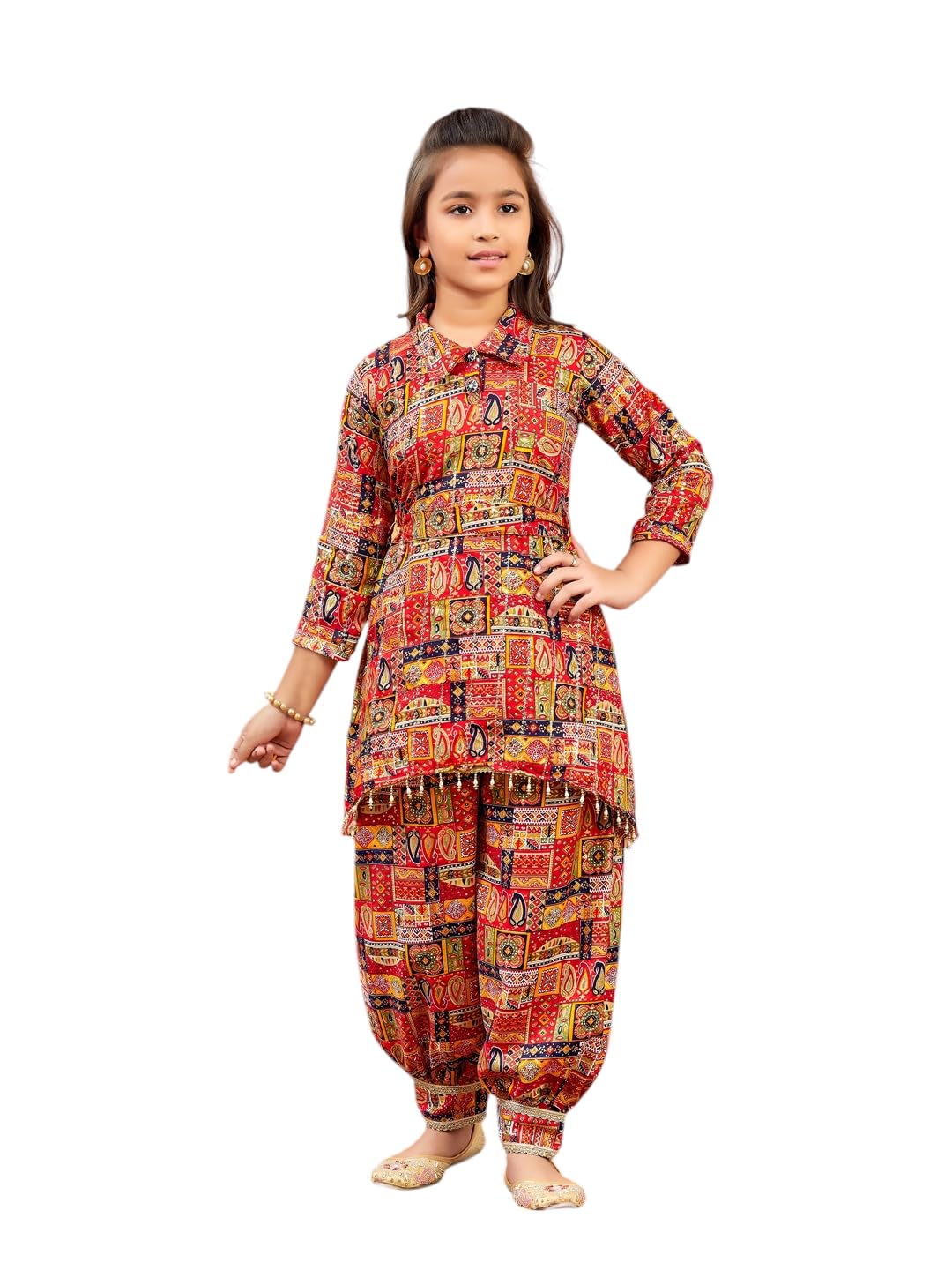 Aarika Girls Ethnic Wear Red Colour Abstract Printed Cotton Kurti Patiala Set With Belt (4-10 Years)