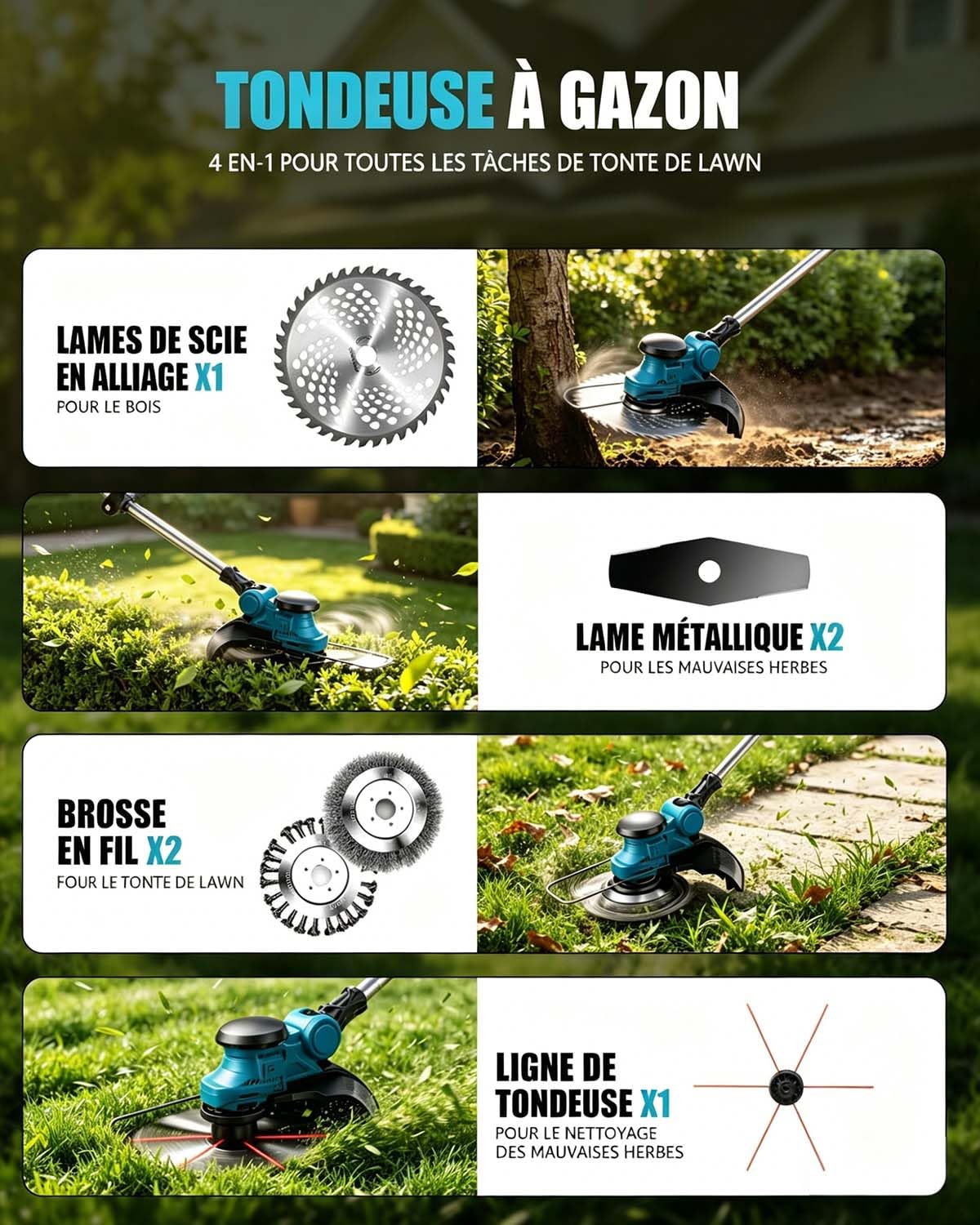 Debroussailleuse Electrique sans Fil 1000W avec écran LCD, Coupe Bordure sans Fil avec 2 Batterie 4,0 Ah et 4 Lames, Debrouissalleuses Batterie avec Roues Latérales pour Tondre Le Jardin (Bleu)