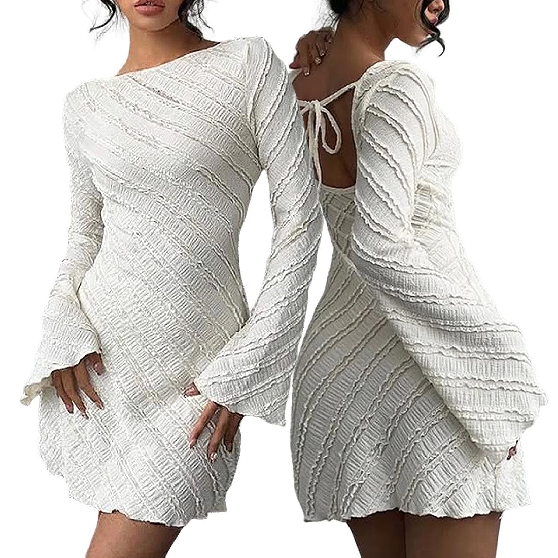 Hanaoops Vestito Donna Sexy a Maniche Lunghe Mini Abito a Maglia Elegante Corto Girocollo Senza Schienale A Linea Vestito Tinta Unita Casual Aderente Abito per Discoteca Cocktail Party Autunno Inverno