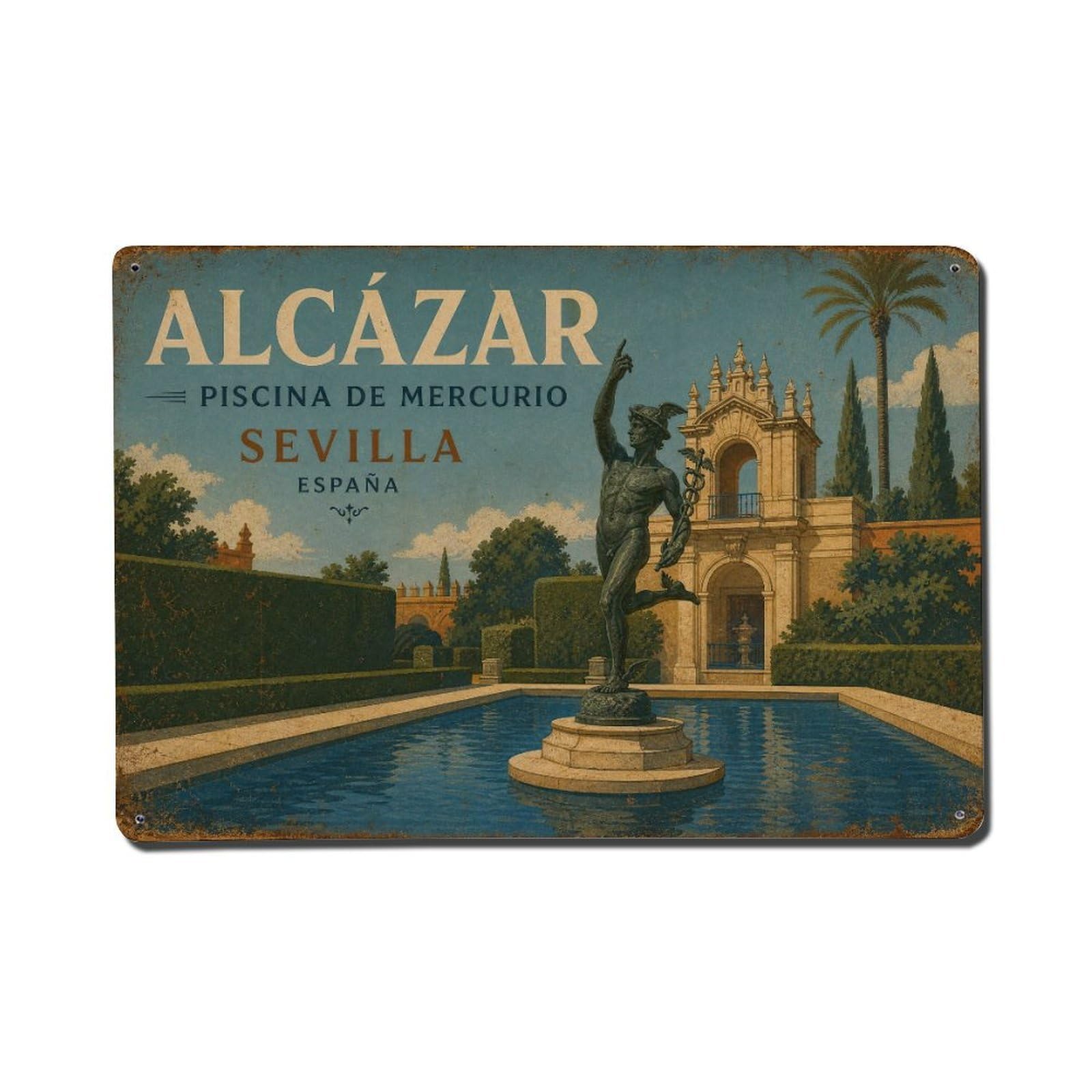 Yrnq 08X12inch Vintage Style Vintage Alcazar Mercury Pool Garden Sculpture Spain Metal Tin Sign